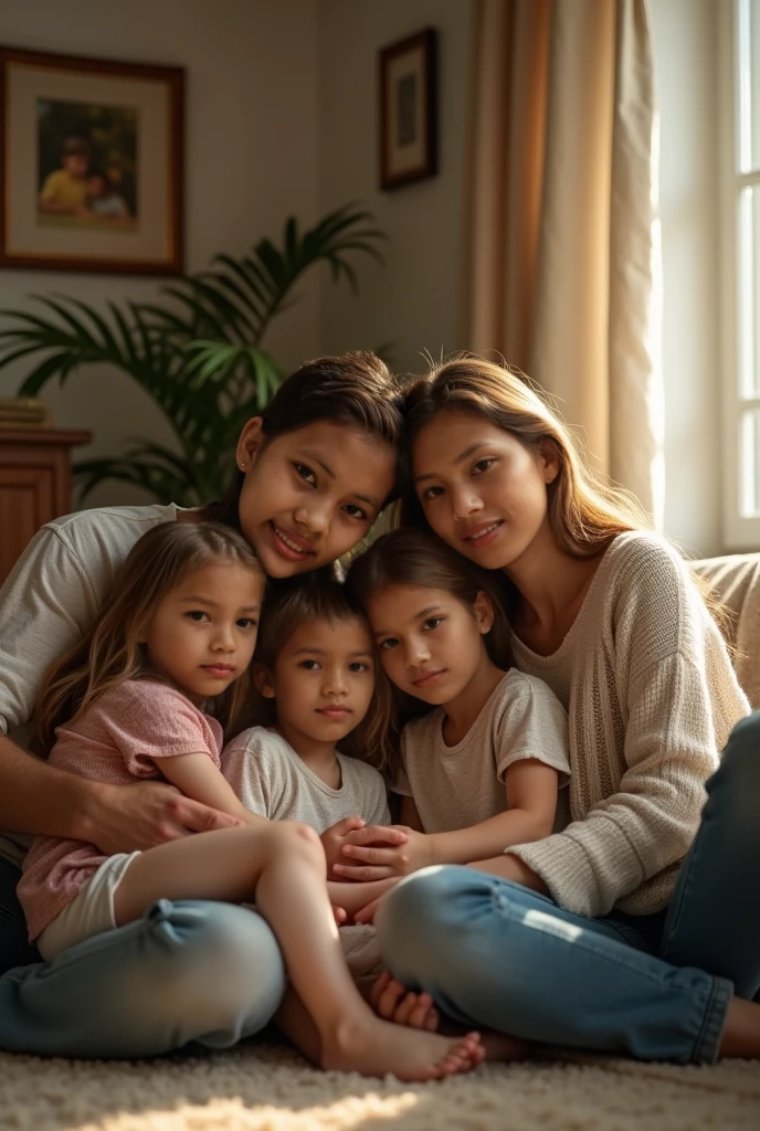 ((Ultra-realistic photos, ultra-high quality, 8k)),
Happy scene, family group photo, Asia, full shot,4 people,
The father, mother, son and daughter lie face down, resting on their hands and resting on their chins, lying in a row,
Father, 1man, 45 yo, short-sleeved shirt, pants, long, leather shoes,
Son1boy,6yo, Short hair
Mother, 1woman,long hair, 35yo, dress,
Daughter, 8yo, long hair, overalls,
Everyone was lying on the living room floor, during the day, looking straight ahead,