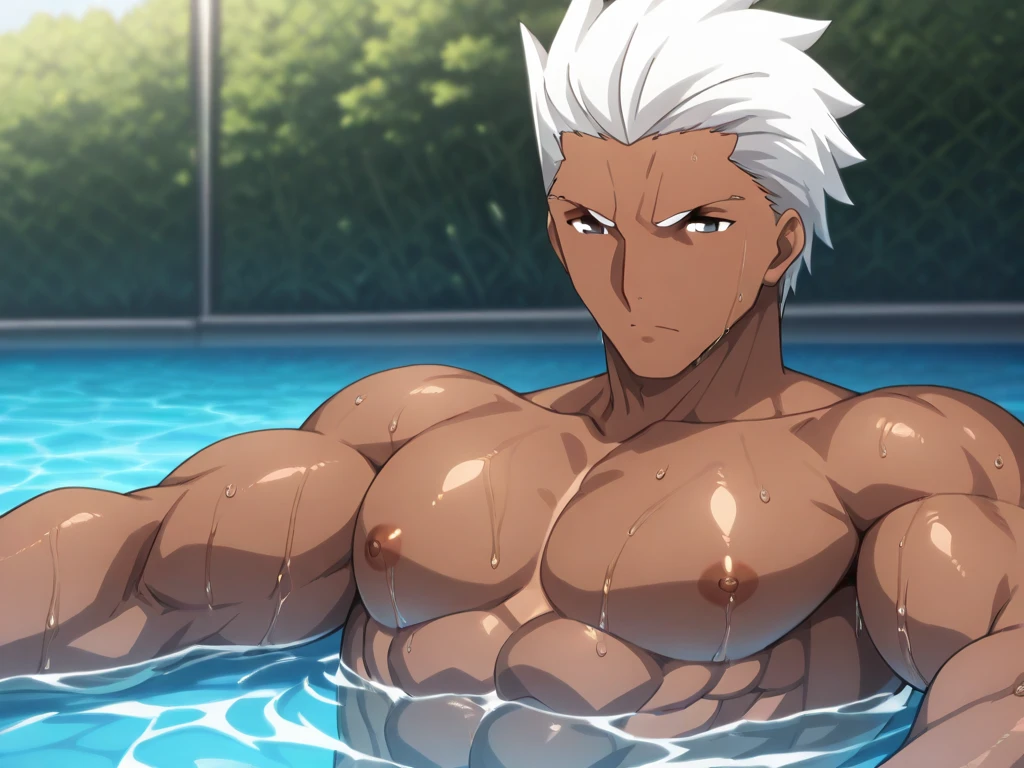 sekai saikou no ansatsusha isekai kizoku ni tensei suru, digital art, intricate details, depth of field, outdoors, onsen, hot spring bath, 1boy, looking at viewer, a young handsome male bodybuilder flexing and posing, lugh_tuatha_de, white hair, grey eyes, detailed eyes, detailed face, smooth hair, naked, nude, shirtless, pantless, detailed skin, big nipples, huge muscles, muscular!!!, bodybuilder physique, exaggerated musculatures, (((huge penis))), horsecock, blushing, confident, focus, smirking, mischievous, smug, various poses, aesthetics, perfect hands, sexy and cute