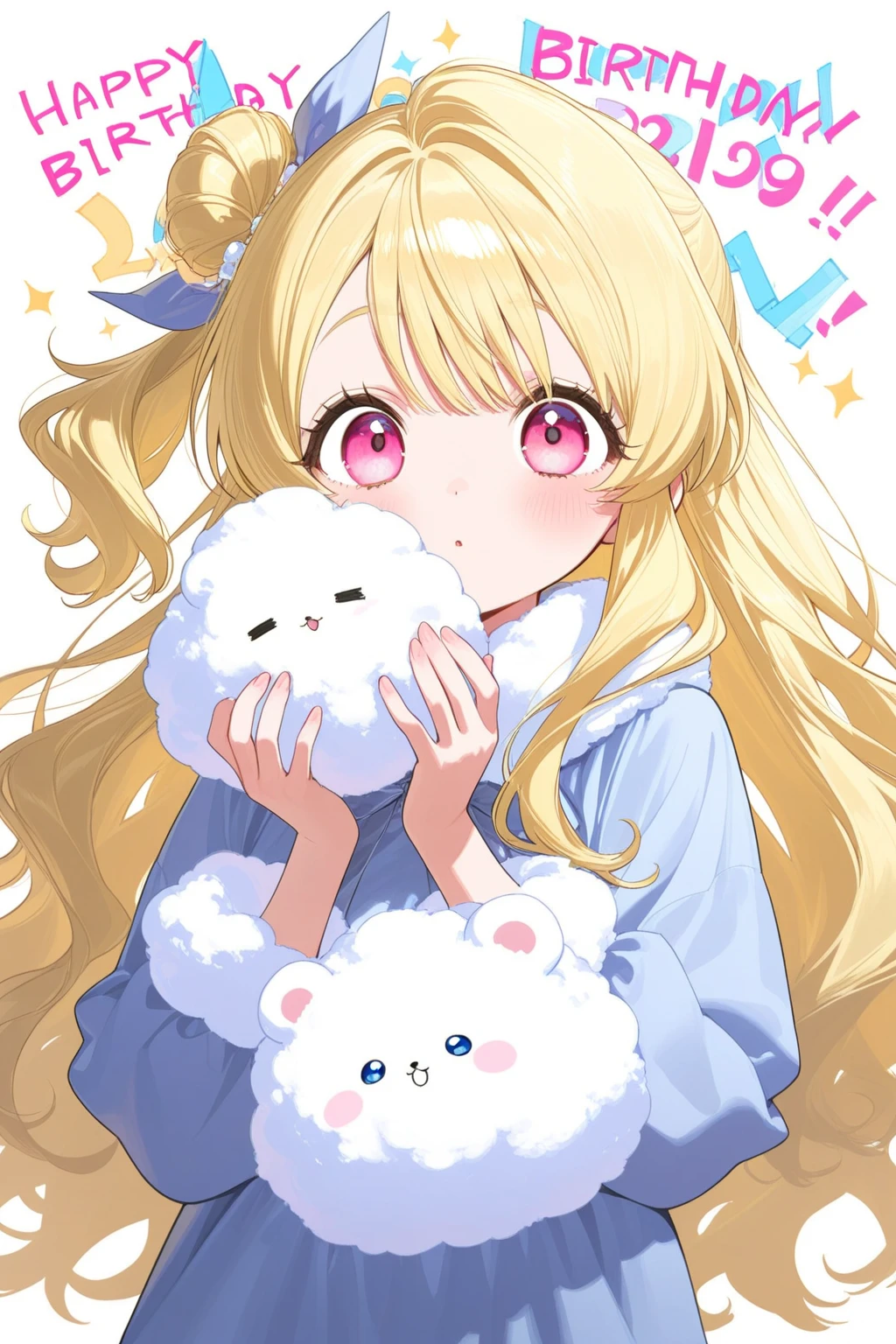 ((masutepiece,Top image quality,Best Quality,8K,masterpiece))girl1,Personification of sheep,fluffly,World of Dreams,a blond,Pink eyes,fluffy,Upper body only,nurse,Nursing clothing