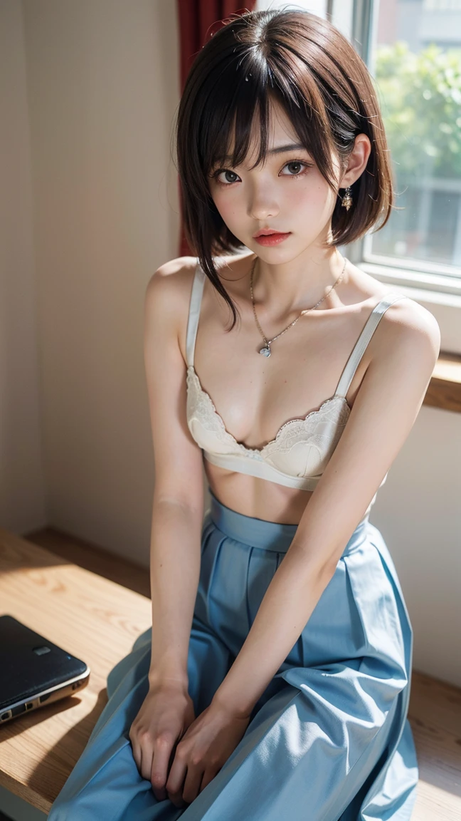 RAW Photos: 1.2), (Photorealistic: 1.4), (Masterpiece: 1.3), (Best Quality: 1.4), Ultra High Resolution, (Detailed Eye Features), (Detailed Facial Features), (Detailed Clothing Features), (Transcendent Beautiful Girl)), PT, 8K Resolution, Solo Focus, Natural Light, Bangs, Skin Tight, (No Accessories)), (Transparent Fair Skin), (Slender Beautiful Girl)), Ultra-Realistic Photos, Underwear, Japanese-style room, indoors, ((Japan person))), (((bob cut)), straight hair, (((black hair: 1.2)))), brown eyes, 1 girl, full body, ((cute 11-year-old girl))), (round face)), (((pastel blue cute lace bra)), (pastel blue cute lace shorts)), (expressionless), (thin legs)), slender, B cup, (((( Short stature)), ((round face)), (sitting on a chair), double, ((open legs)), ((open knees)), drooping eyes, (left and right breasts), (look here), (wearing only underwear on the upper body)), ((small breasts)), (((gentle eyes)), ((thin thighs)), loli, double, small, (((dark blue pleated skirt)), (open legs)), (no accessories: 1.5)), (((knee open)) , drooping eyes, ((show undershirt: 1.9)), ((panchira)), ((pluck up the edge of the pleated skirt with both hands: 1.9)), (left and right breasts), (look here), (wear nothing but underwear on the upper body)), ((small breasts)), (gentle eyes)), loli.