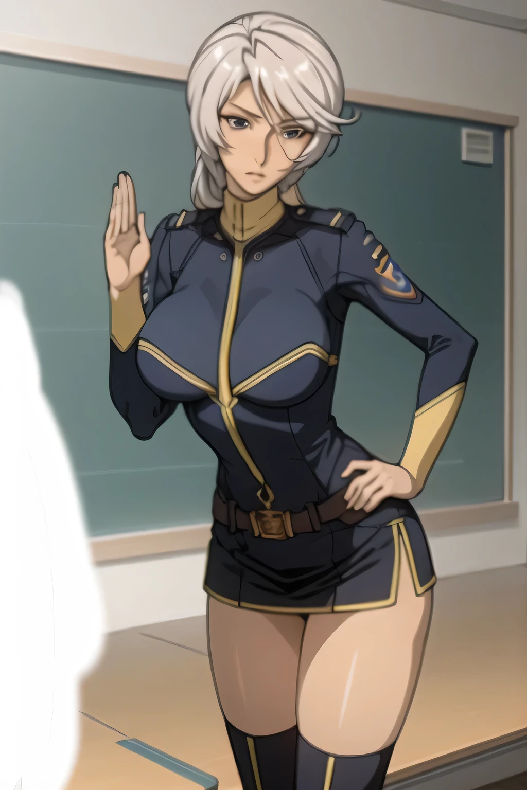 can you draw the whole particle more delicately,can you draw her expression more delicately,can you draw particles more delicately,ブルーグレー色Military uniformの女性,Greeting pose,femininity standing at the teacher's house,I'm on a spaceship bridge,can you draw delicate expressions,,Please draw an octahedral balance with beautiful femininity,Large breasts hidden in a uniform,,Can you draw hands and feet accurately,big breasts but thin waist,amazing thighs ,Femininity in an upright salute position,A woman with a serious expression,Military uniform,,wearing black tight slacks,ショートboots,femininity standing at the teacher's house,Breasts hidden in a uniform,miniskirt,ロングbootsを履いた女性を描いてください,draw a woman staring at me with a gentle expression,can you draw huge breasts even more huge breasts,miniskirtをさらに短く描けますか,white panties can you see clearly,Splendid Thighs,Beautiful legs,boots,