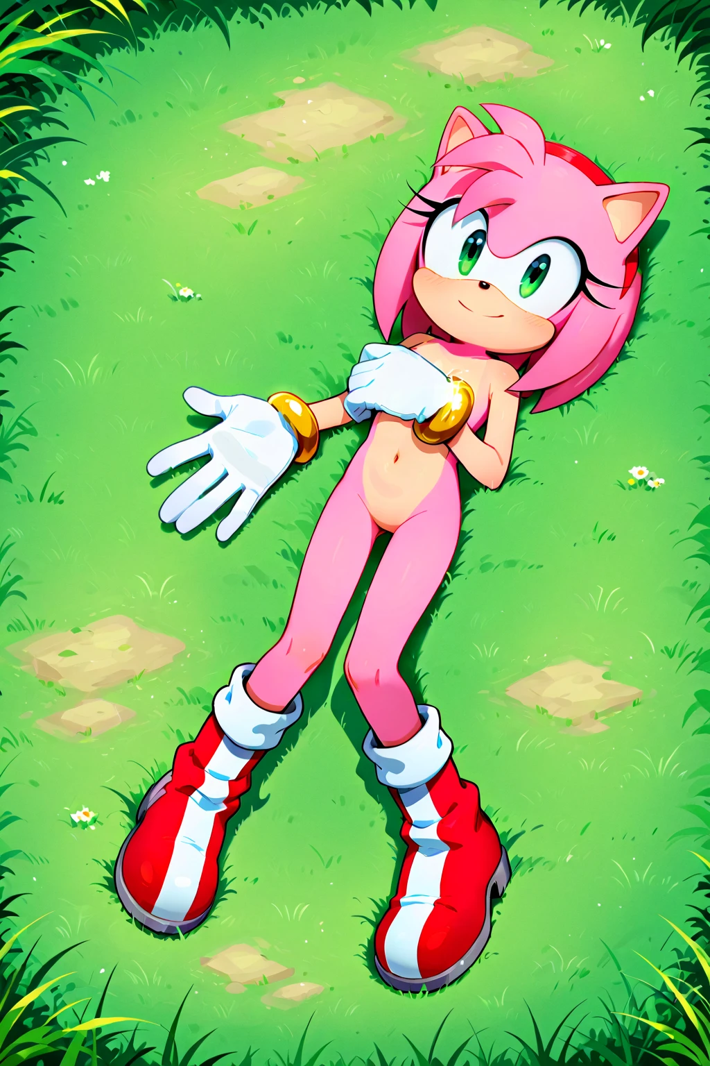 score_9, score_8_up, score_7_up, score_6_up, score_5_up, score_4_up, amy rose, (front view), (2D anime style), anthro furry, pink fur, green eyes, small breasts, cleavage, strapless, (bare feet), (pantyshot), (sexy red string bikini), (cameltoe), (bare hands), sexy curves, big head, thick thighs, (solo), laying on towel, spread legs, seductive pose, looking at viewer, hands behind head, blushing, seductive stare, (beach background), sunrays