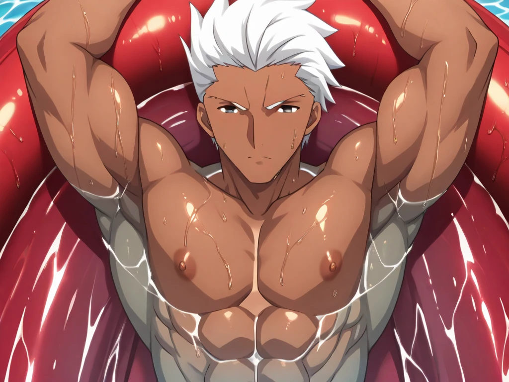 score_9, score_8_up, score_7_up, rating_explicit, source_anime, white hair,Man, pale skin, Scars, red eyes, thong, bulge, bleeding, Curative, Bandages all over the body, male only, yaoi, anime style