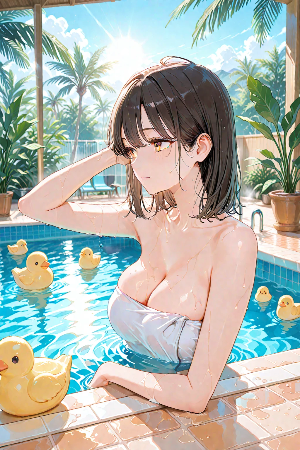 Anime illustration、highest quality、Perfect proportions、Sex Appeal、Overwhelmingly large breasts、Fatty legs、Big Ass、Exposed nipples、Exposing Vagina、Poolside、smile、Beautiful, shining eyes、Cowboy Shot、Military magazine cover、Heading、Stylish fonts