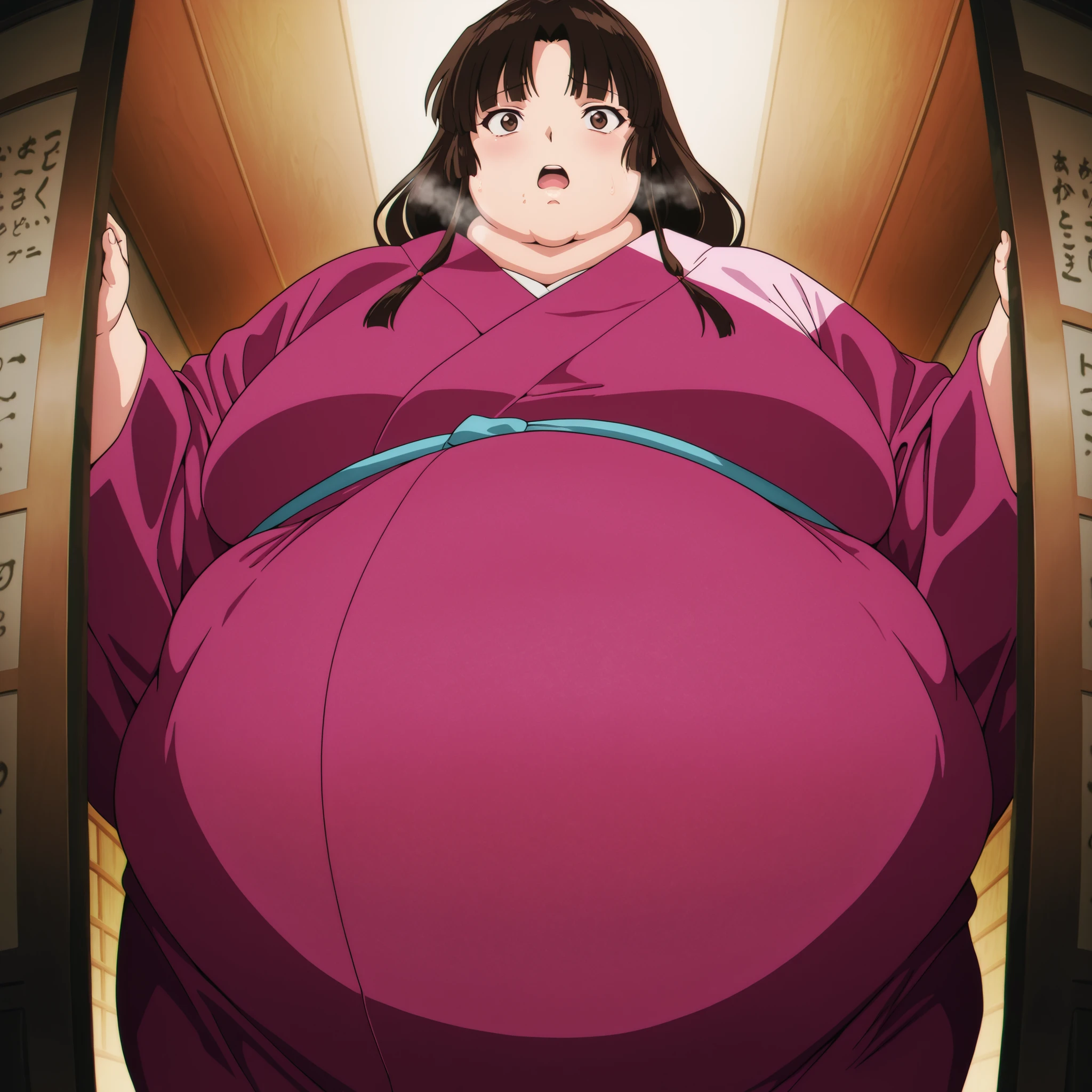 anime screencap, score_9, score_8_up, score_7_up, source_anime BREAK sango, 1girl, solo, brown hair, parted bangs, low-tied long hair, brown eyes, pink kimono, wearing a kimono
,masterpiece,best quality,amazing quality,bulging belly, fat, chubby, obese, open mouth, out of breath, absurdres, portrait, pov belly, swollen face, masterpiece, best quality, ultra-detailed, high resolution, 8K, full body shot
