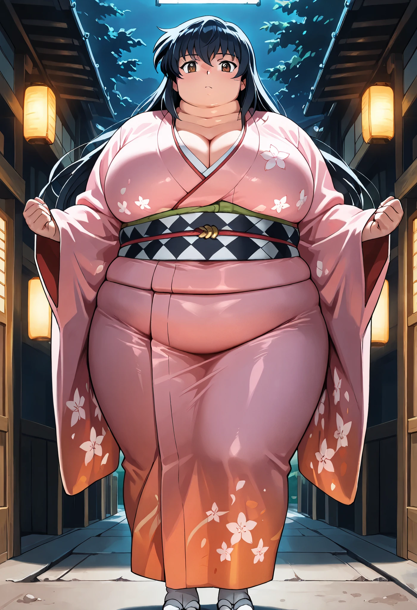 masterpiece,best quality,amazing quality,absurdres, very aesthetic, high resolution, newest, hyper-detailed, anime style, (obese woman), (big mouth),(score_9, score_8_up, score_7_up, score_6_up, score_5_up, score_4_up, BREAK, source_anime, 1girl, kagomehigurashi, bangs, black hair, long hair, brown eyes, wearing a kimono), (obese, large chest),(cinematic lighting), full body shot 