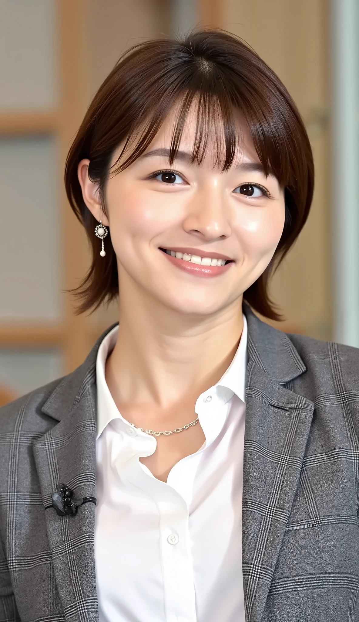 Neat Young Woman、and look at the camera、office lady suit、jacket、shirt、ネックレス、、ear piercing、、smile showing teeth、背景はオフィス