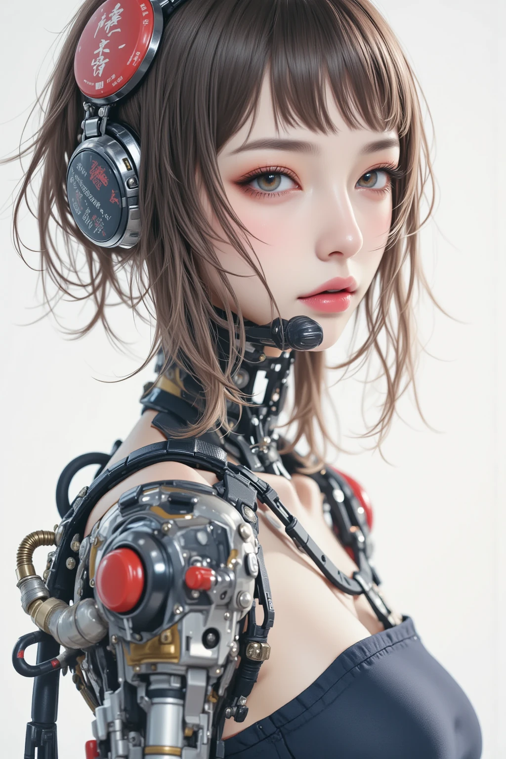 Top Quality, Masterpiece, Ultra High Resolution, (Photorealistic: 1.4), Raw Photo, 1 Girl, Black Hair, Glossy Skin, 1 Mechanical Girl, (Ultra Realistic Details)), Portrait, Global Illumination, Shadows, Octane Rendering, 8K, Ultra Sharp, Big, Cleavage Exposed Raw Skin, Metal, Detail of Intricate Ornaments, steampunk details, vacuum tubes, nixie tubes, oil pressure gauges, glass tubes, analog meters, gears, gears, golden hydraulic cylinders, very intricate details, realistic light, CGSoation trends, purple eyes, glowing eyes, facing the camera, neon details, mechanical limbs, blood vessels connected to tubes, mechanical vertebrae attached to the back, mechanical cervical attachment to the neck, sitting, wires and cables connecting to the head, Gundam, small LED lamps,