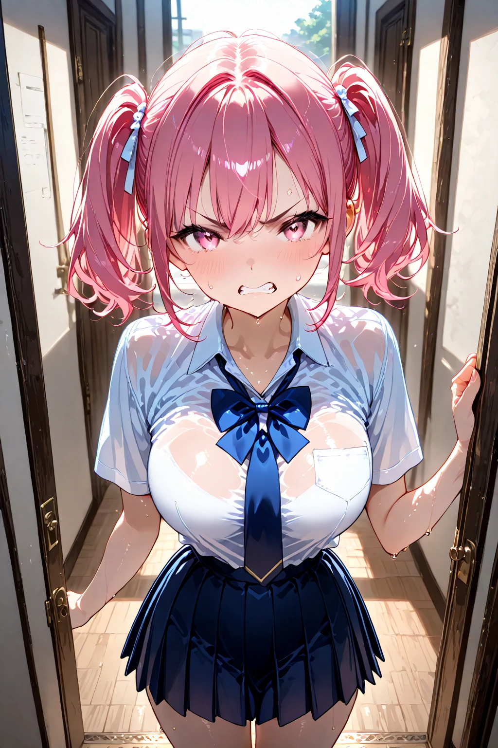 (grabbing another's breasts, disembodied limb, (grabbing from behind:1.1)), One girl, highest quality, Super detailed, masterpiece, Ultra-high resolution, 8k, Ridiculous, Cowboy Shooting, Focus on the girl, Embarrassing, blush, Lovely, Close one eye, With tears in her eyes and her mouth open, What saliva leaves behind, (Sticky panties), Bulging of the vibrator cord, Vibrator with Garters, cleavage, Classroom Background, Pink Hair, The skirt is accidentally exposed,medium breasts, Accidentally exposed panties
