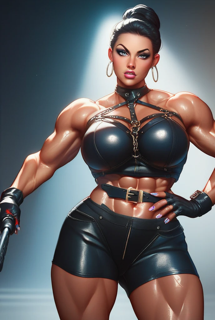 a butch girl with short hair, muscular figure, tattoos,wearing a red and black pinup style outfit, posing confidently, dramatic lighting, cinematic, highly detailed, photorealistic, 8k, best quality, masterpiece, centerfold