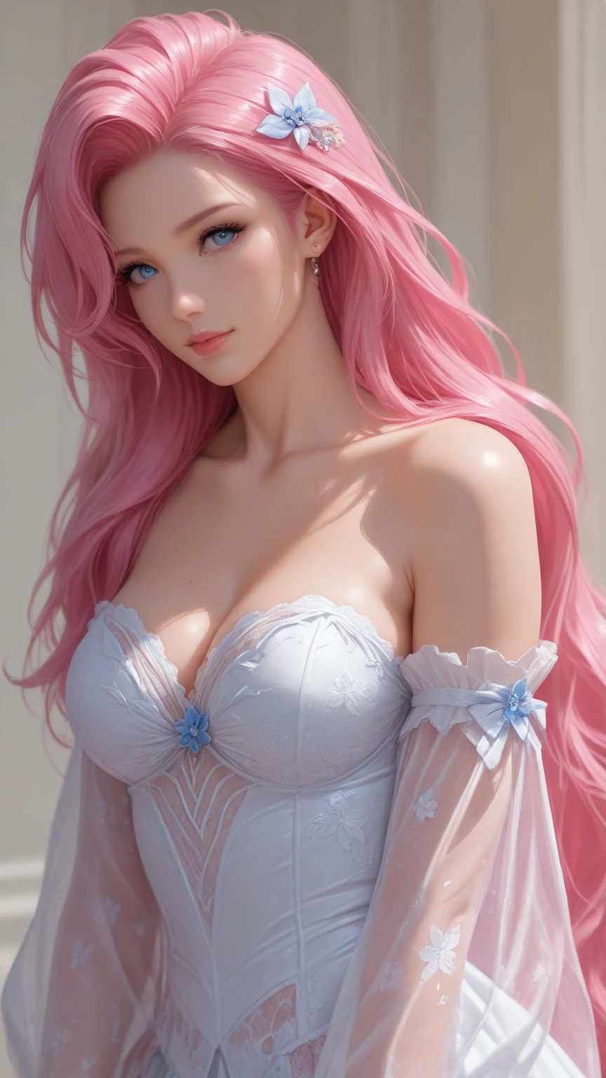 (masterpiece,realistic, best quality:1.4), excited girl, 1girl, she is pointing out a person to the right hand side, wavy medium pink hair, floating hair by wind blow, solo, white gloves, gloves, white teeth smile, looking at someone, medium breasts, pink hair, jewelry, long hair, detailed face and eyes, delicate and beautiful,