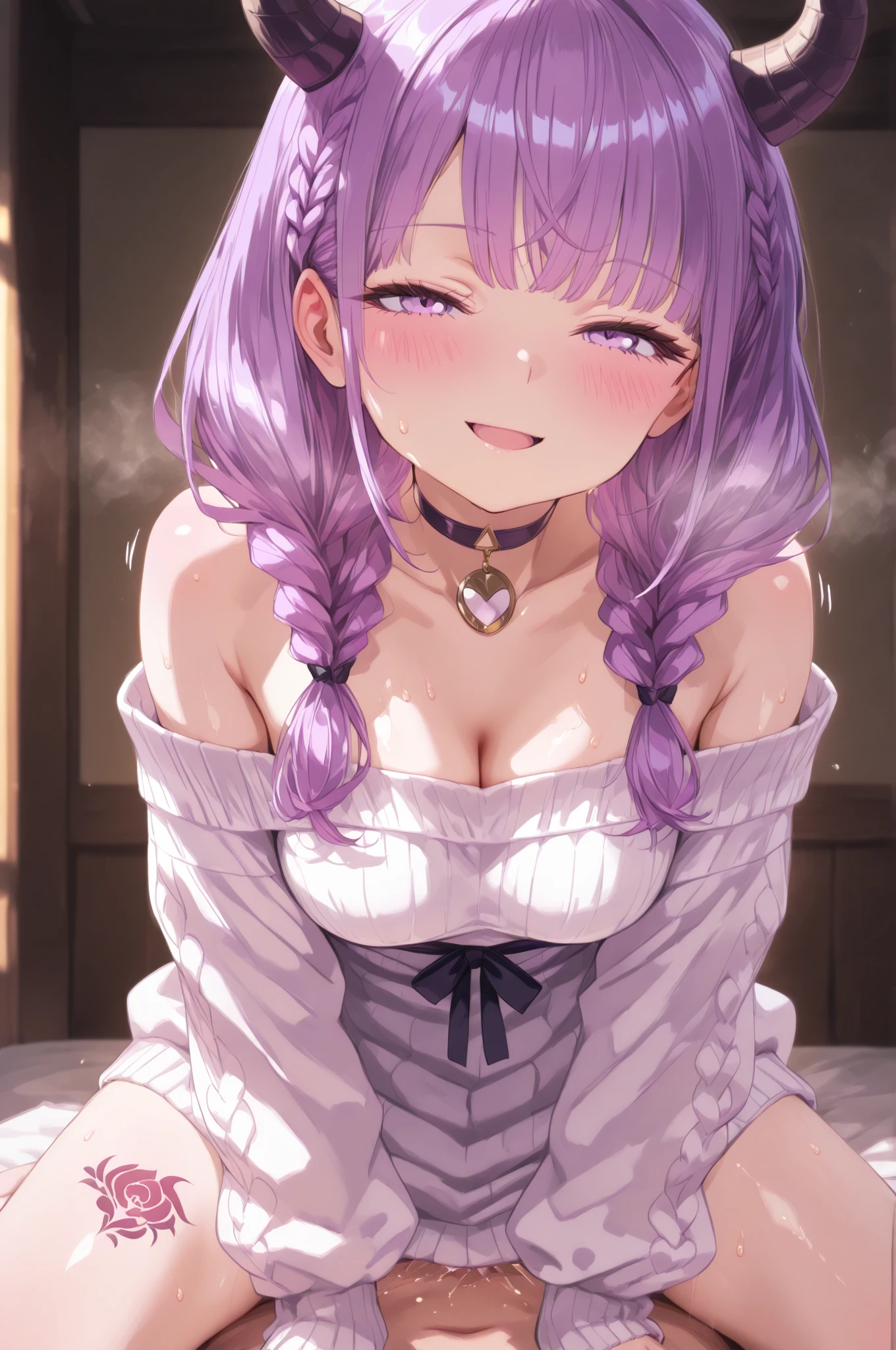 1 person、Mature、Ample breasts、Purple Hair、Long Hair、Emerald green eyes、ponytail、Braid、Voluminous hair、Earrings、naked、Nipples、Nipplesを押す、Feels good、Sweat、No clothes、Embarrassing、Blushing、Blushing、indoor、Bedroom、Nipples、High resolution、Highest quality
