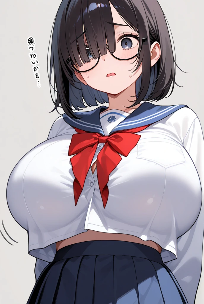 Ultra-detailed illustrations、Ultra-precise expression、masterpiece、Highest quality、High resolution、High resolution、Hiromitsu Takeda Style、White background、Simple Background、breast enhancement、One girl、solo、、Baby Face、Black Hair、Drooping eyes、Timid、Black glasses、Two short braids、Big Breasts、Embarrassed expression、White Breath、Shiny skin、Sweat、stand、Sailor suit、skirt、Place your hands on your chest、