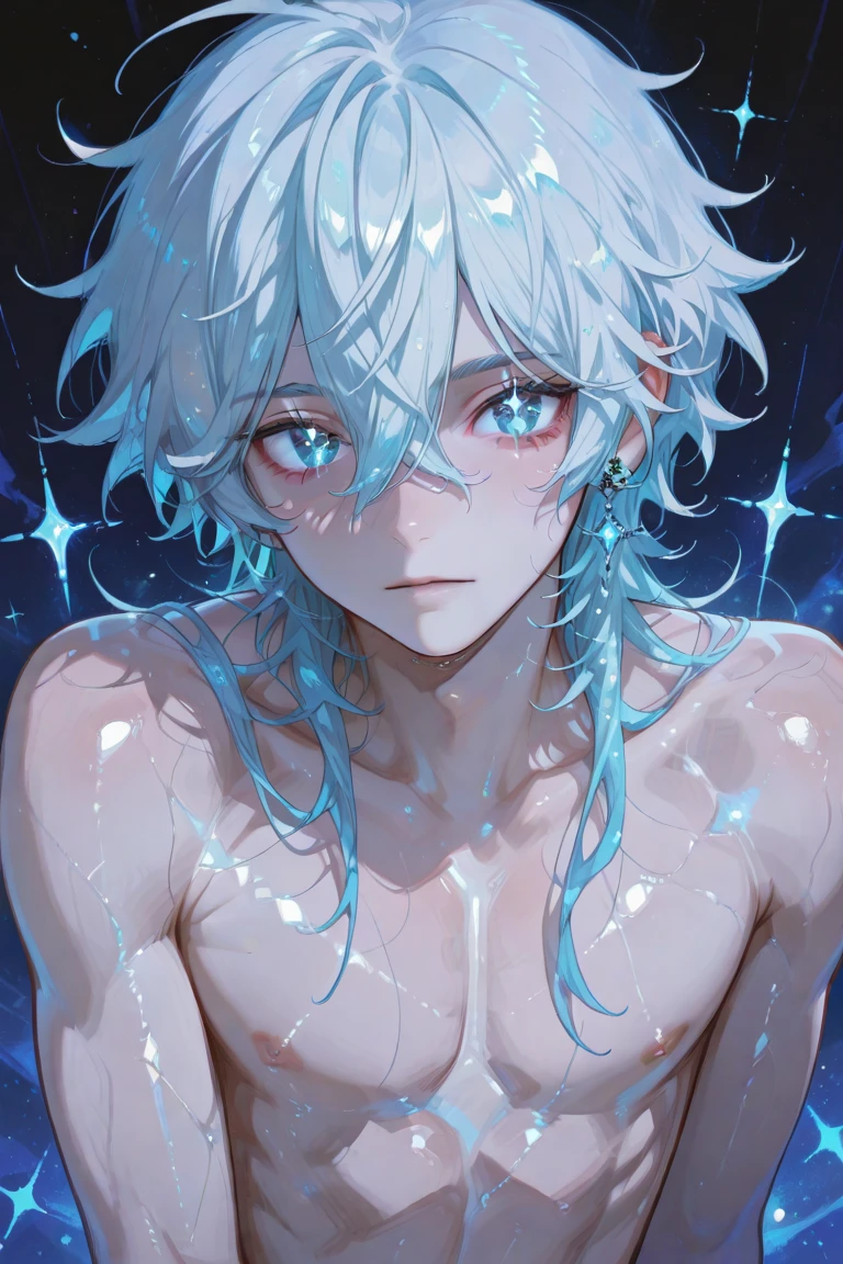 jelly fish cut short hair, twink male, dark blue hair and eyes, beauty marks on face, sexy pose, naked, cute smile, feminen body, no muscles