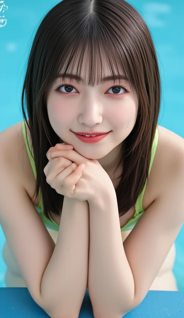 highest quality, 8K, Super detailed, photorealistic, 1 girl, alone, brown hair, brown eyes, (school swimwear:1.3), looking at the viewer, smile, blush, school pool, Sexy, Face Up