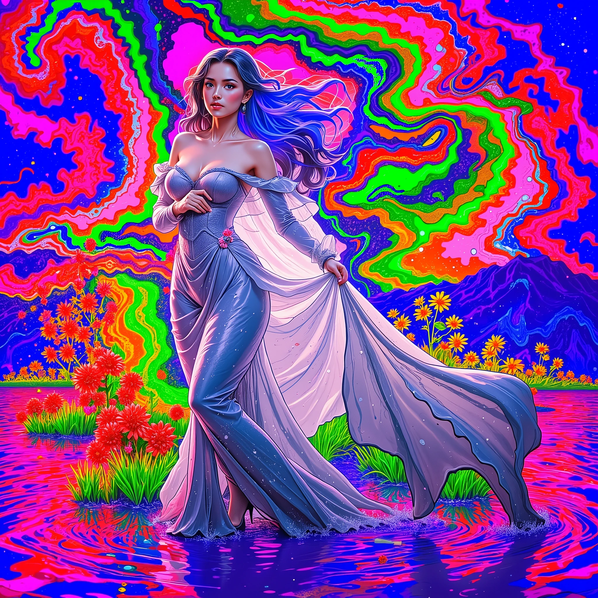 A woman stands gracefully in a vibrant neon colored and surreal landscape, her long, flowing dress elegantly trailing into a pool of shimmering water. The fabric clings delicately to her form, accentuating the fluidity of her pose. Surrounding her are vivid flowers and lush green plants, accentuating the natural setting. Her long hair cascades in gentle waves, blending seamlessly with the psychedelic sky, which is a riot of swirling colors—electric blues, neon greens, fiery reds, and glowing pinks. The backdrop features abstract, colorful patterns that resemble a dynamic, otherworldly vortex. This fantastical scene is bathed in an ethereal light, creating an otherworldly and dreamlike atmosphere. The combination of bold colors and elegant composition imbues the image with a sense of wonder and enchantment, as if the viewer has stepped into a mystical realm. SFW