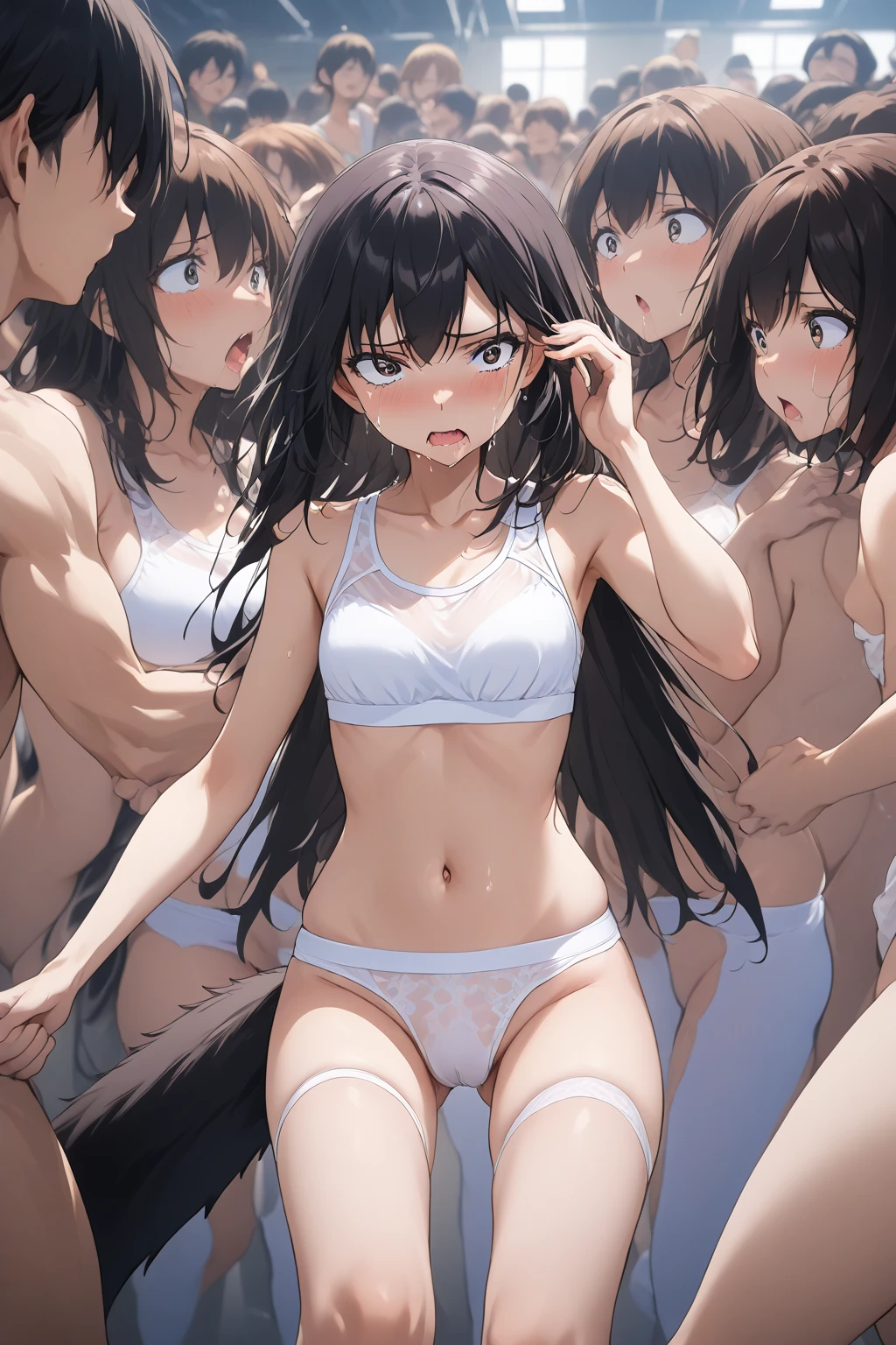 (((masterpiece, Highest quality:1.5,absurdres))),nsfw,Being sexually stimulated、25 year old beauty,(dark blue hair),((very small head:1.3)),long hair,bangs,dark blue eyes,gorgeous eyes,blush,Heavy breathing,medium breasts,((very long body:1.3)),((toned body,slender body)),skinny,(((tan skin:1.3))),gleaming skin,shiny skin,sweat:1.5,(White sports bra、navel、White sports shorts),(egg type vibrator、sex toys),kneeling,spread legs,During training、sports gym、