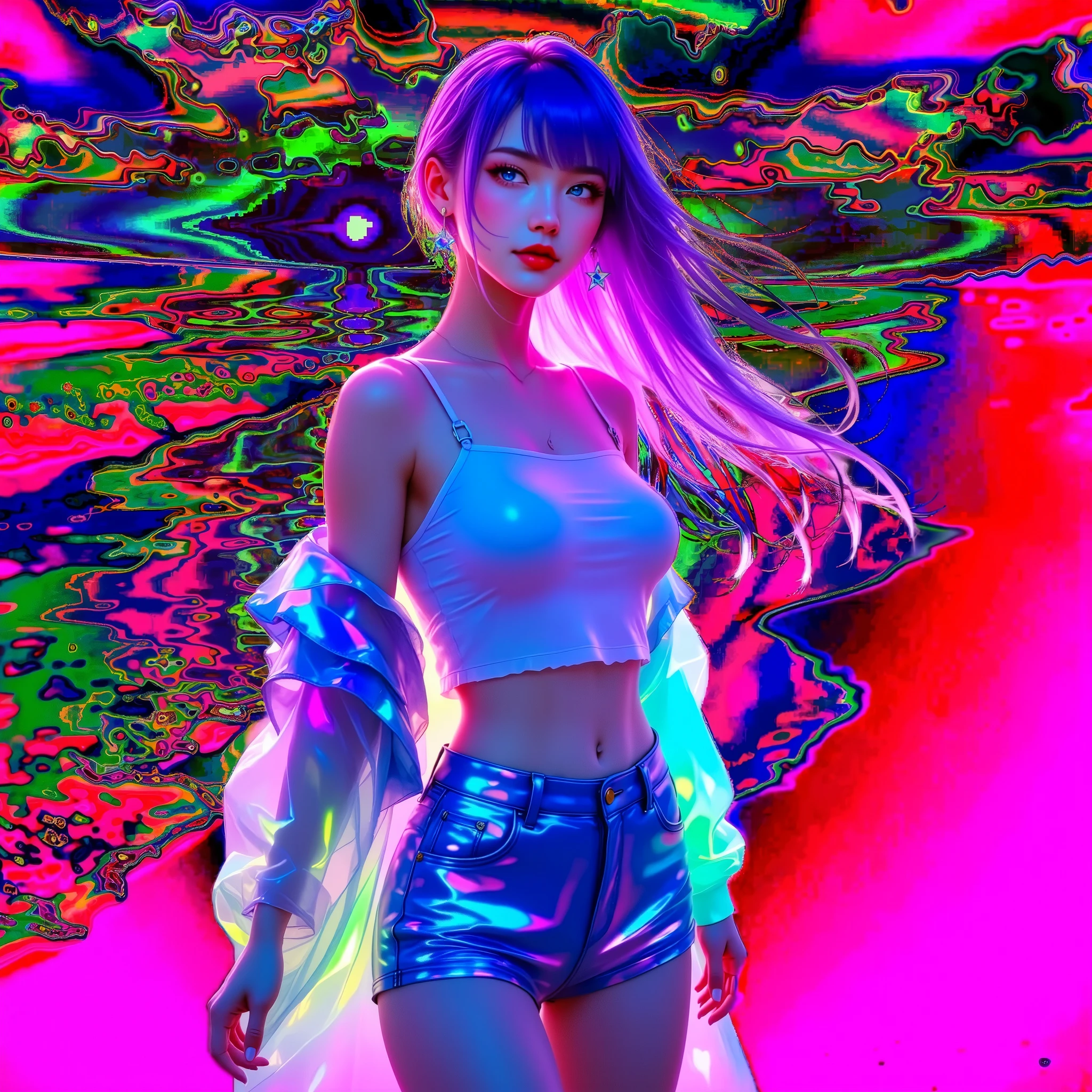 A young woman stands confidently in a striking, digitally altered image that blends vivid colors with futuristic aesthetics. Her outfit is comprised of a sleek, iridescent crop top paired with high-waisted metallic shorts that reflect an array of neon hues. Over her shoulders drapes a translucent jacket, which glimmers with multicolored light, adding to the ethereal feel. Her long hair cascades freely around her shoulders, reacting dynamically to an unseen breeze, catching shades of bright pink and purple from the ambient light. The background is a surreal, abstract landscape that blends intense black with luminous shades of neon pink and green, with a digitally rendered sun hovering in the distance. The composition suggests an adventurous, bold mood, combining elements of modern fashion with a sense of avant-garde artistry. The scene invokes a futuristic exploration of color, style, and composition that feels both vibrant and otherworldly.SFW