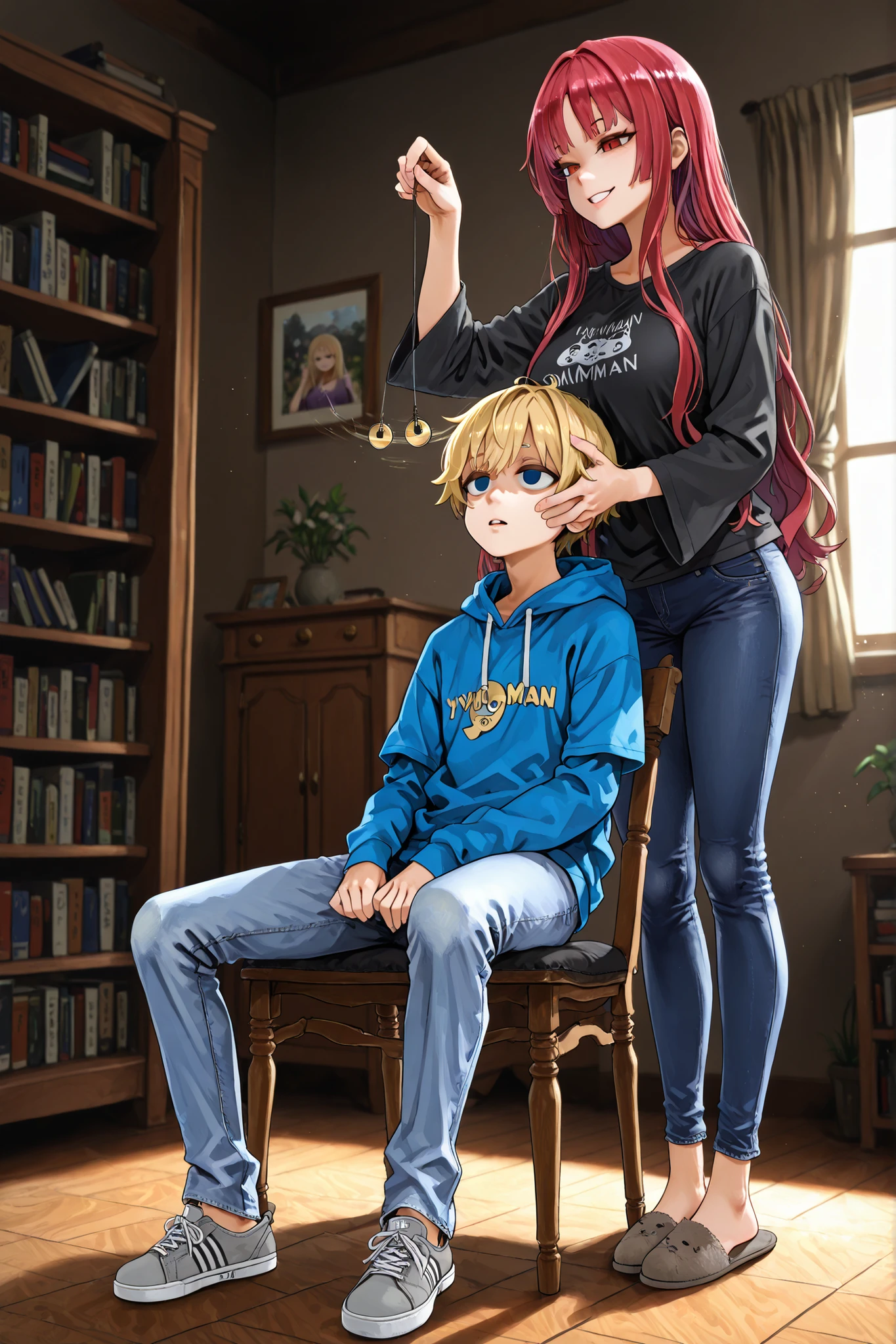 masterpiece, best quality, ultra detailed, 1 young man, teen boy, sitting pose, casual wear, blue hoodie, relaxed jeans, sneakers, hypnotized expression, half-closed eyes, empty eyes, relaxed shoulders, sitting on wooden chair, the young man in in a trance, 1 mature woman, standing dominant pose, white fitted t-shirt, tight blue jeans, house slippers, long flowing hair, confident expression, ((Female Hypnotist)), ((girl hypnotizing the young man with a pendulum)), ((holding pendulum)), living room setting, modern furniture, cozy sofa background, bookshelf, warm ambient lighting, afternoon sunlight through windows, detailed interior, 1 guy and 1 girl, 2 people, assertive female, submissive male, Dominatrix, profile view, asanagi style