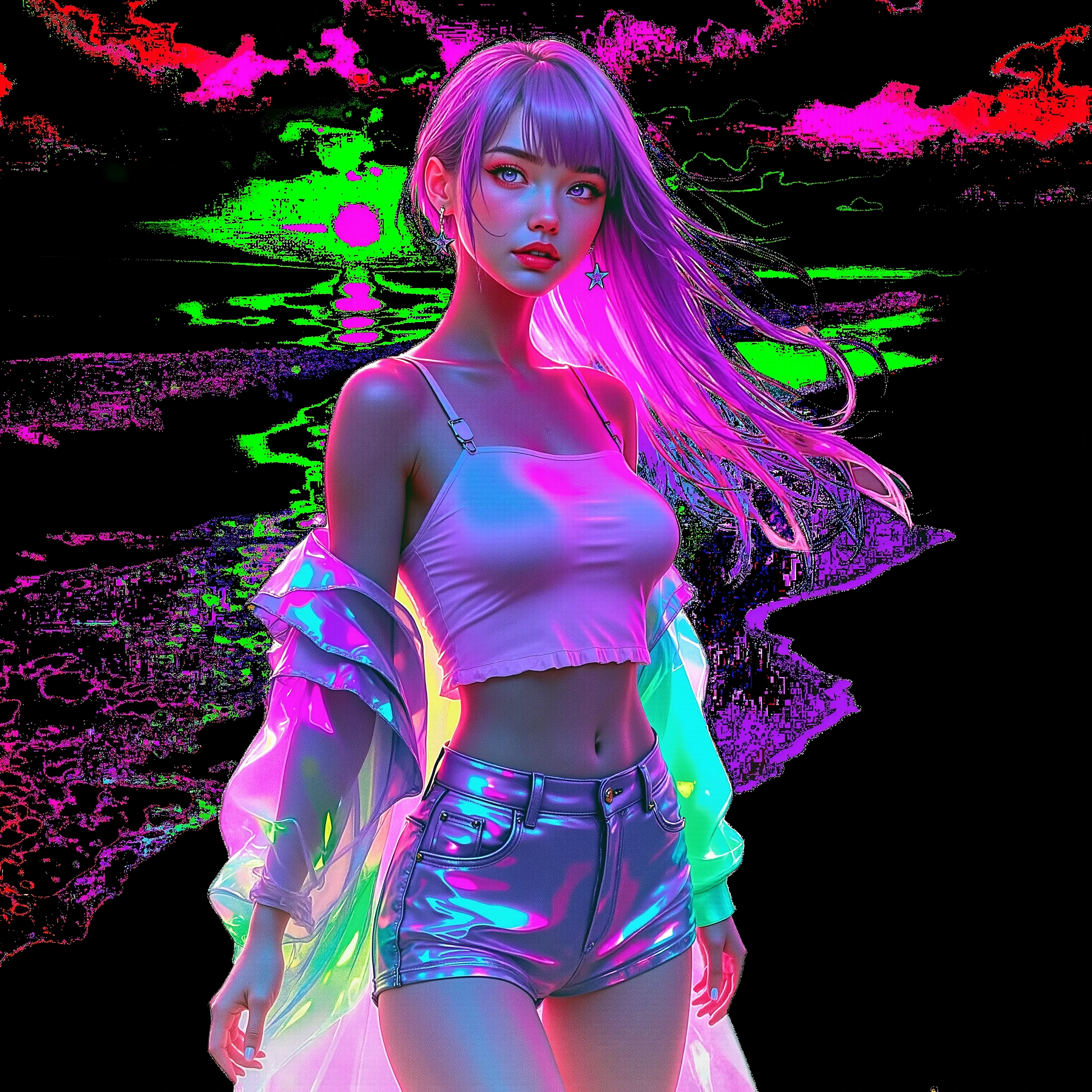 A young woman stands confidently in a striking, digitally altered image that blends vivid colors with futuristic aesthetics. Her outfit is comprised of a sleek, iridescent crop top paired with high-waisted metallic shorts that reflect an array of neon hues. Over her shoulders drapes a translucent jacket, which glimmers with multicolored light, adding to the ethereal feel. Her long hair cascades freely around her shoulders, reacting dynamically to an unseen breeze, catching shades of bright pink and purple from the ambient light. The background is a surreal, abstract landscape that blends intense black with luminous shades of neon pink and green, with a digitally rendered sun hovering in the distance. The composition suggests an adventurous, bold mood, combining elements of modern fashion with a sense of avant-garde artistry. The scene invokes a futuristic exploration of color, style, and composition that feels both vibrant and otherworldly.