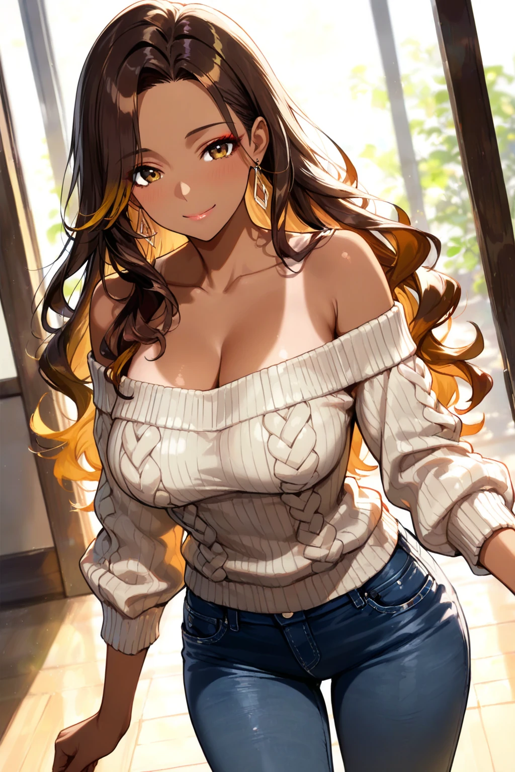 (table top, highest quality, High resolution, , perfect pixel, 4k,), 1 girl, single, alone, Beautiful woman、I could see the whole body、 ((wavy middle hair, bangs, brown hair)), ((brown eyes, beautiful eyelashes, realistic eyes)), ((detailed face, blush:1.2)), ((smooth texture:0.75, realistic texture:0.65, realistic:1.1, Anime CG style)), medium breasts, dynamic angle, perfect body, ((, beige off shoulder sweater、Tight denim skirt、black stockings、cute necklace、earrings、)), upper grade、shy smile、university campus、Gravure Idol Sexy Pose、angle from below、Bring your arms together to emphasize your chest、、Pink lace panties are visible、
