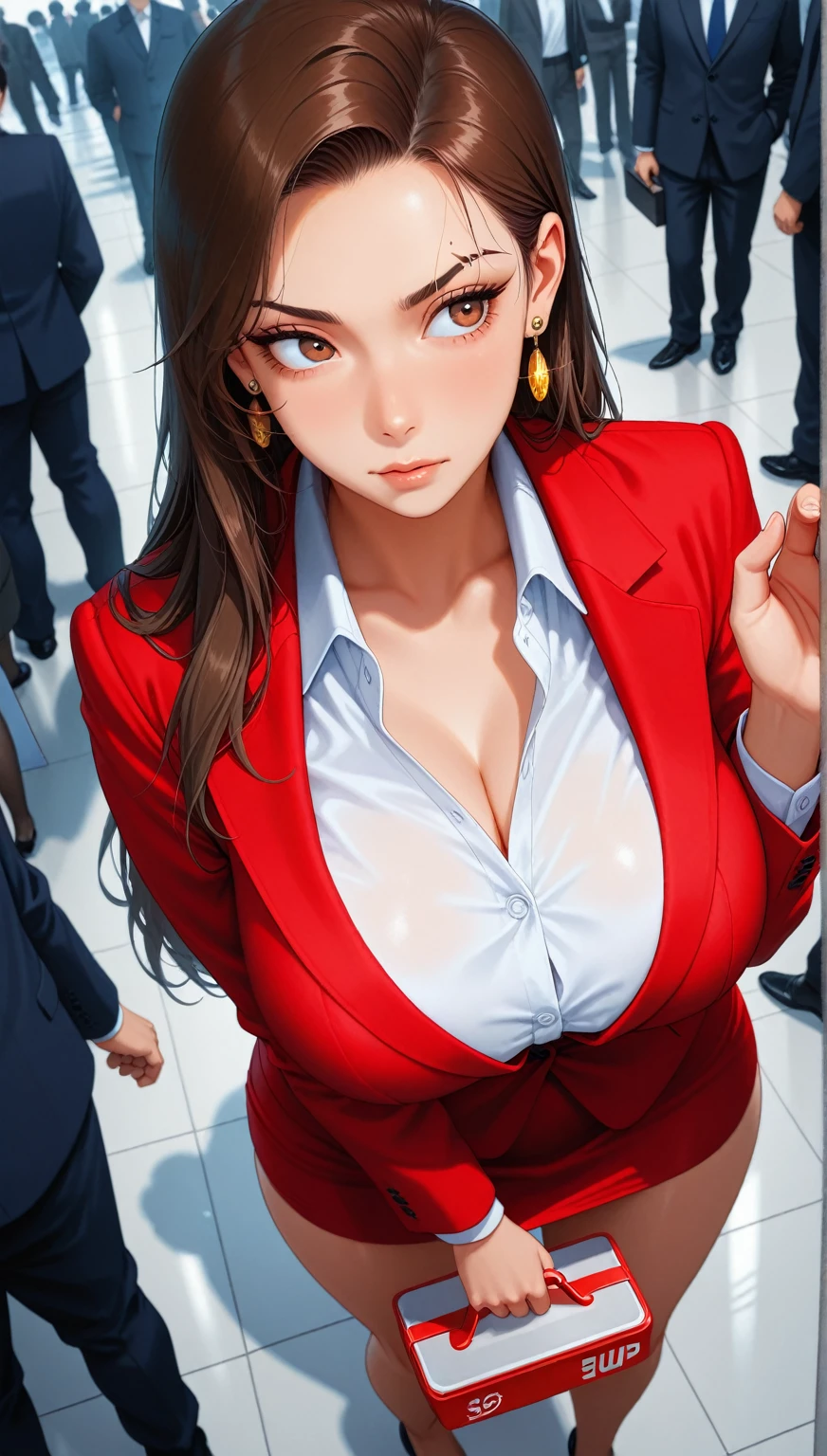 masterpiece, 1girl, Wide hips, naughty smile, Skindentation, blush, (wrap dress, blazer, black pumps, standing, press conference, answering questions, people in background, listening, confident expression:1.2), cleavage, midriff, arms behind back <lora:MilaAzul_2.0:0.9>, peacock, <lora:peacock-noise:0.5>