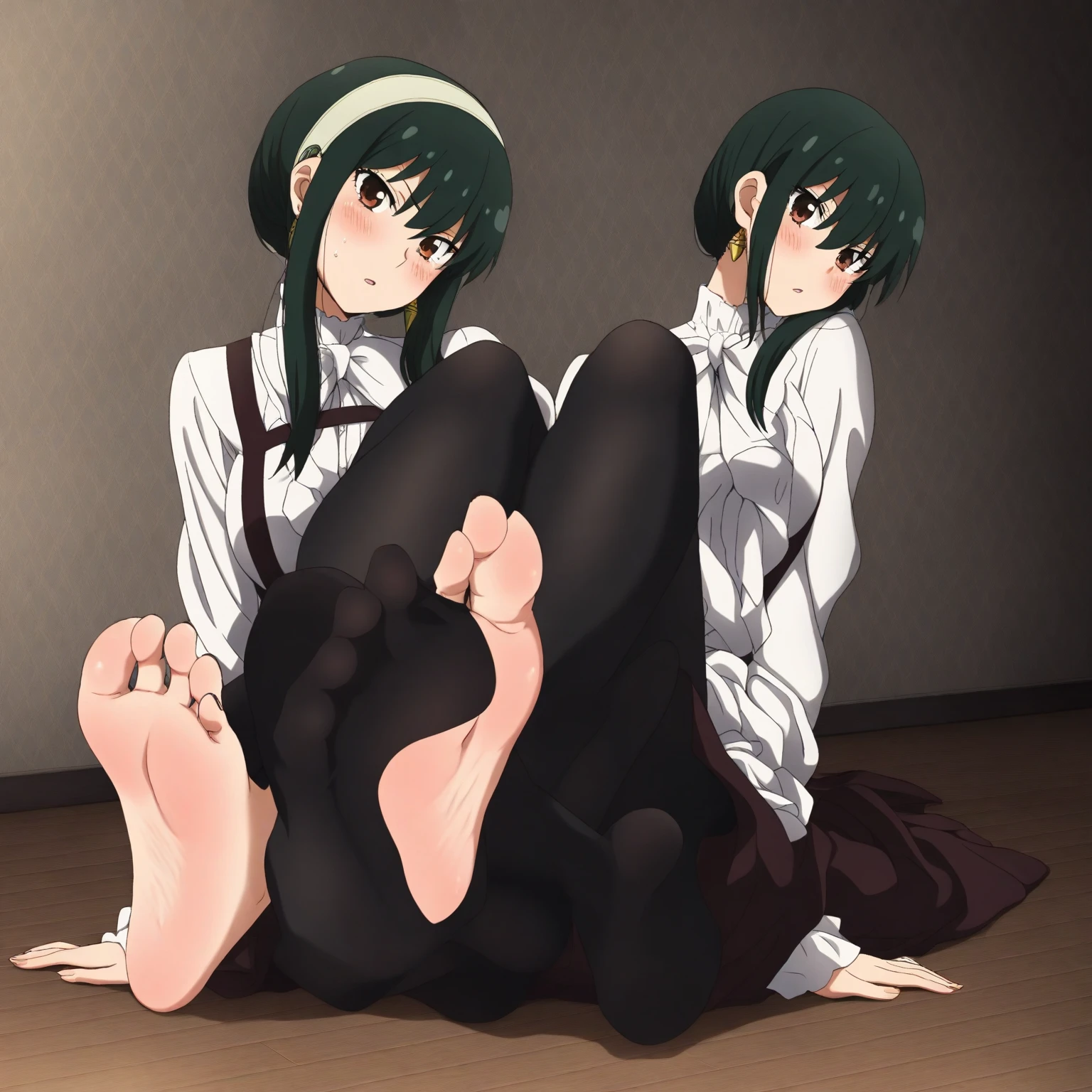 Tomoko Kuroki, green eyes, pouches under the eyes, naked, squatting, open mouth, hands behind back