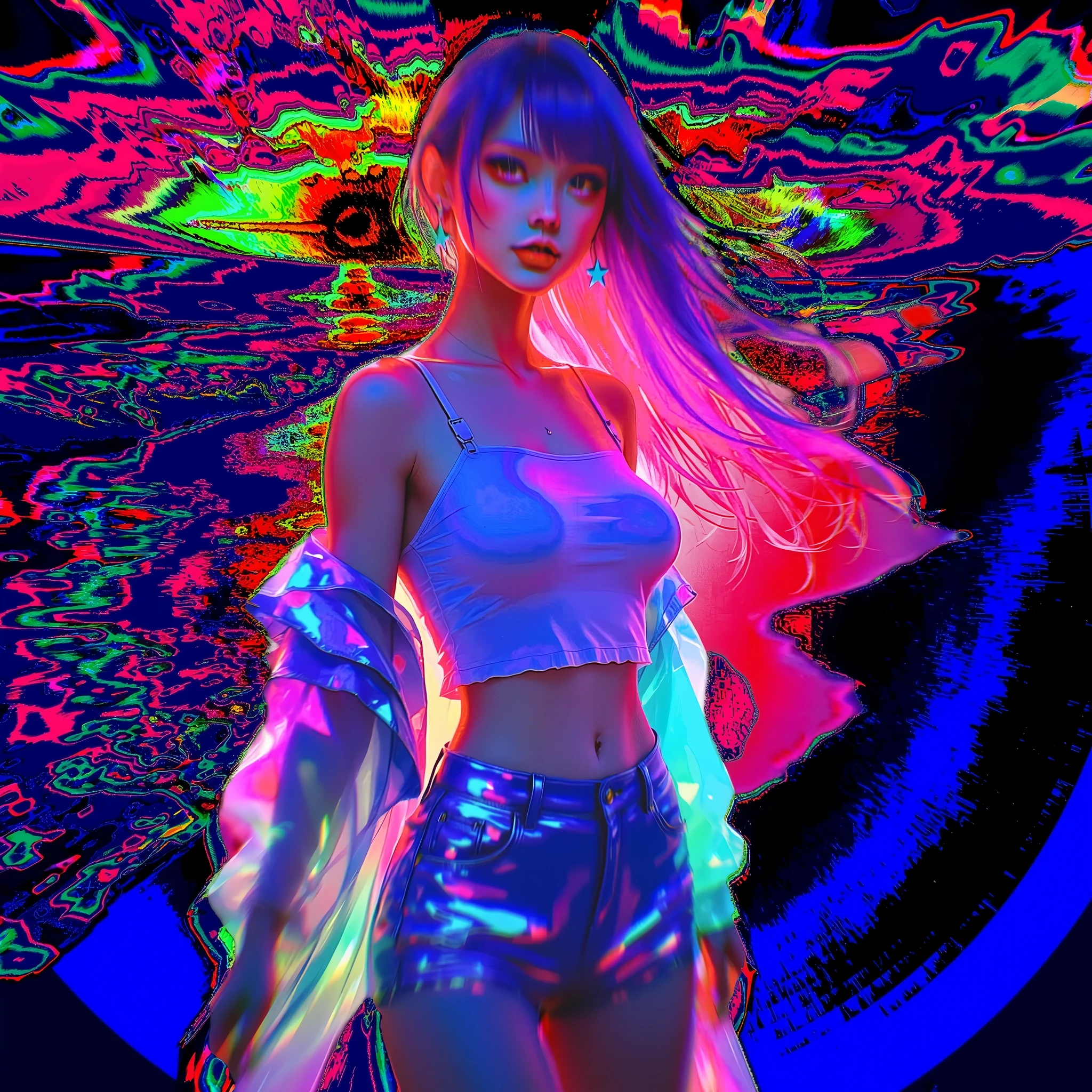 A woman stands confidently amidst a vibrant, psychedelic backdrop that resembles swirling, kaleidoscopic patterns. The color palette is daring and luminous, dominated by neon reds, blues, greens, and purples, with splashes of glittering light creating a dynamic and electric atmosphere. Her attire is equally striking; she wears a cropped spaghetti strap top and high-waisted, iridescent shorts that reflect the vivid hues around her. Her jacket, semi-transparent with hues mirrored from the background, drapes casually off her shoulders. The interplay of light creates a shimmering effect on her garments, accentuating the dreamlike ambiance. Her long hair flows gracefully beside her, catching the radiant colors and further enhancing the surreal quality of the scene. The overall mood blends futuristic and ethereal elements, evoking a sense of wonder and fantastical allure.SFW