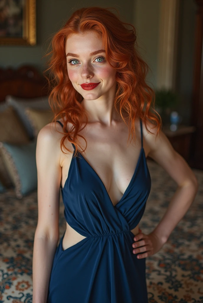 Photography full body, whole body of a very beautiful realistic girl, sitting on the table, sexy posing, wear a Huasmädchen costume, out, porcelain skin, very light skin, very pale skin, redhead, wavy, open hair, Detail of skin structure, hazel eyes, Slit eyes, small-nose, small nostril, think of arched eyebrows, thick lower lip, seductive glance, happy face, unique face, foto realista, Masterpiece Image, sharp image, evening, dark light,