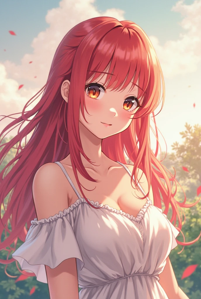 highest quality、Nice sexy body、One Woman、(solo)、((Beautiful busty woman:1.6))、(((Woman with dark red hair:1.3)))、Long hair woman、(A woman wearing a long, fluttering white dress:1.5)、A woman wearing a straw hat、Bus stop in the countryside、summer