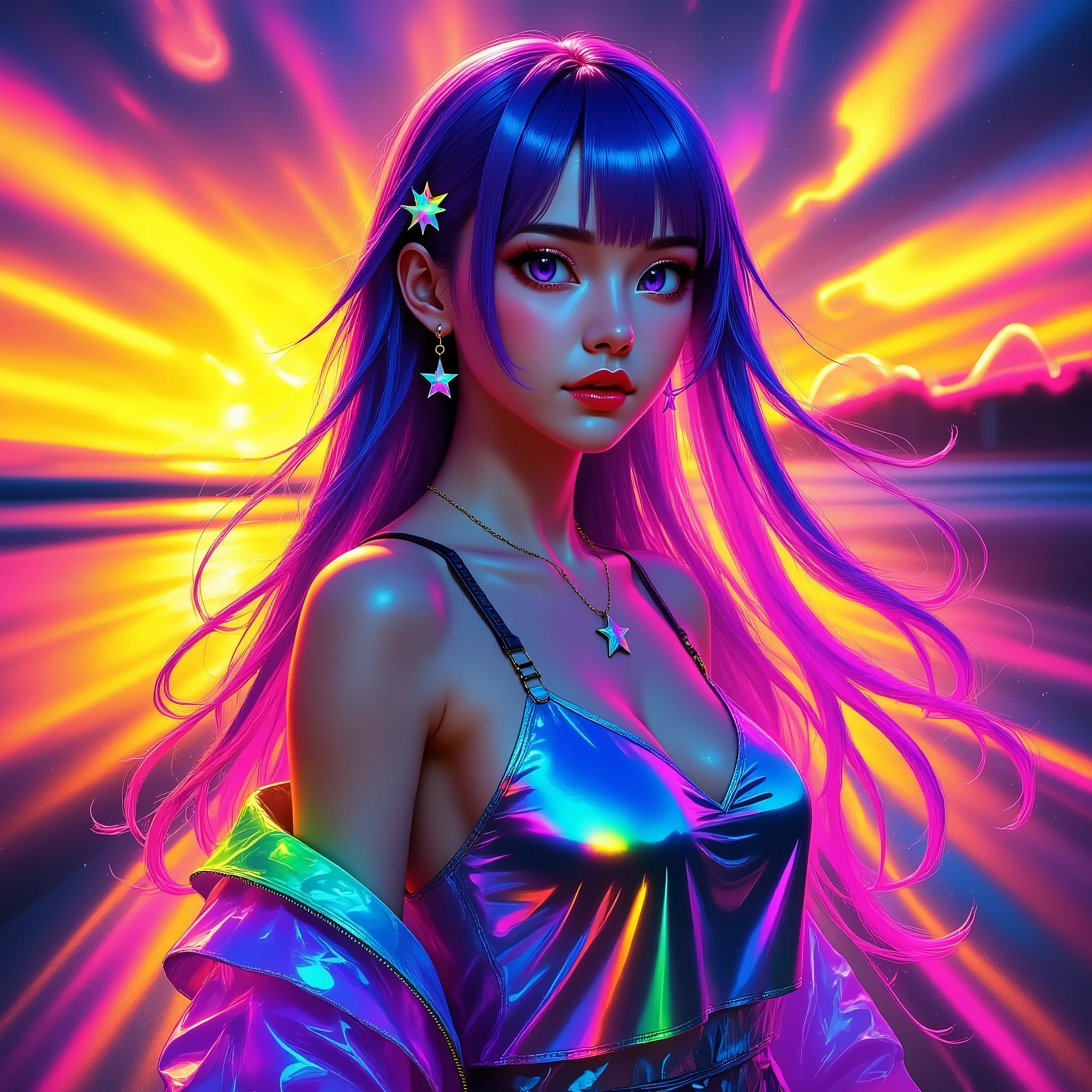 A young woman stands amidst a vibrant, dream-like setting, illuminated by a radiant neon color palette. Her long, flowing hair streams with hues of pink, purple, and blue, seamlessly blending with the luminous environment. She wears a shimmering, iridescent top, reflecting various shades of light, reminiscent of a holographic surface. Her outfit is completed with a partially open jacket, echoing the same iridescent quality. Star-shaped earrings and a matching necklace add whimsical flair, contributing to the celestial theme. The background is a wash of blurry, diffuse neon lights, forming abstract patterns that suggest an otherworldly landscape, perhaps a futuristic cityscape. The bright yellows and deep purples create stark contrast, adding depth and dynamism to the atmosphere. The overall scene feels ethereal, like a crossover between reality and a vivid, imaginative digital artwork.