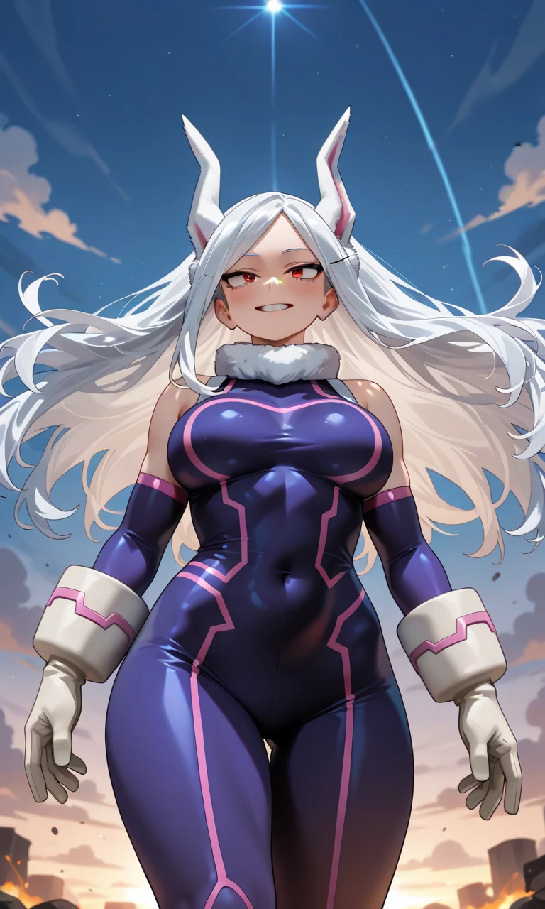 1girl, (solo:1.2), (jumping:1.3), (mid air:1.3), (cowboy shot:1.5), smile, happy, (masterpiece:1.3), (best quality:1.3), (perfect anatomy:1.4), highly detailed, <lora:Mirko [Goofy_Ai - v1.0]:1> mirko mha, rabbit ears, rabbit girl, abs, muscular female, red eyes, dark-skinned female, dark skin, animal ears, (white hair:1.2), (white eyebrows:1.1), (long hair:1.3), (white gloves:1.3), covered navel, sleeveless, (white leotard:1.3), sleeveless turtleneck, crescent print, leotard, turtleneck, highleg leotard, (blue thighhighs:1.3), fur collar, covered navel, bare shoulders, (hero outfit:1.3), (orange sky:1.2), (cowboy scenery:1.2), (sunset:1.4), outside, summer, <lora:ThiccwithaQ [MockAi - v1.0]:0.8> nyantcha, expressive faces, anime-inspired, (cell shading:1.2)