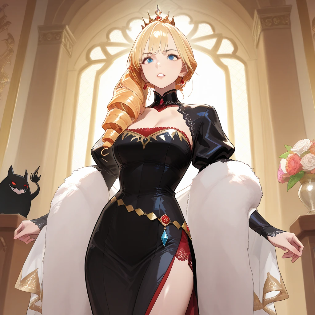 ((masterpiece)), (best quality:1.7), (detailed:1.4), (high res:1.4), 8k, (colorful:1.5), 2d, high resolution, sharped image, 4k, hd, bowsette, (1girl), (solo), blonde hair, spiked brazalets, spiked armlets, spidek choker, super crown, horns, ((white horns)), crown, (pink crown), ponytail, long hair, (middle body), ((thighs)), hands on own face, room, window, clouds, sun, sky, clouds, earrings, blue earrings, chest ornament, ((black dress)), furniture, plants, decoration, ((castle)), (fluffy dress), (curvy body), standing, long dress, <lora:bowsette:0.6>, <lora:thickerLinesanimeStyle:0.3>