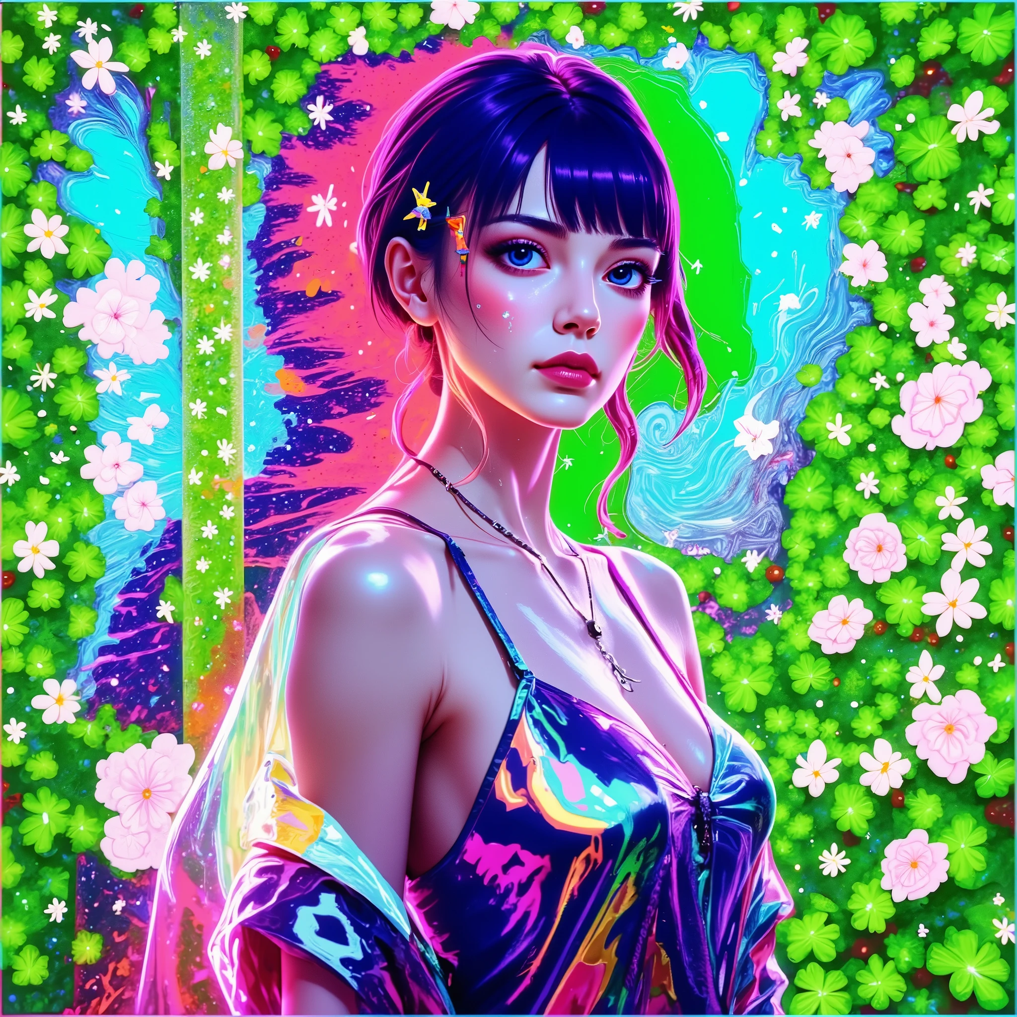 A vibrant and colorful scene filled with an explosion of neon and iridescent hues. A young woman is dressed in a shiny, metallic spaghetti-strap top that reflects various colors, with a sheer, translucent jacket draped over her shoulders. She wears simple yet elegant jewelry, including a thin necklace with a small cross pendant. Her hair is styled in a modern bob with decorative star-shaped hairpins on one side, adding a touch of whimsy. The background features an abstract composition of bold colors—green, pink, and blue—creating a dynamic and lively atmosphere. Surrounding her on both sides, there is a lush, decorative border of green clover-like leaves interspersed with small white flowers, which contrasts with the neon background and enhances the playful, artistic style of the image. The combined elements contribute to a fantasy-like, futuristic ambiance. SFW