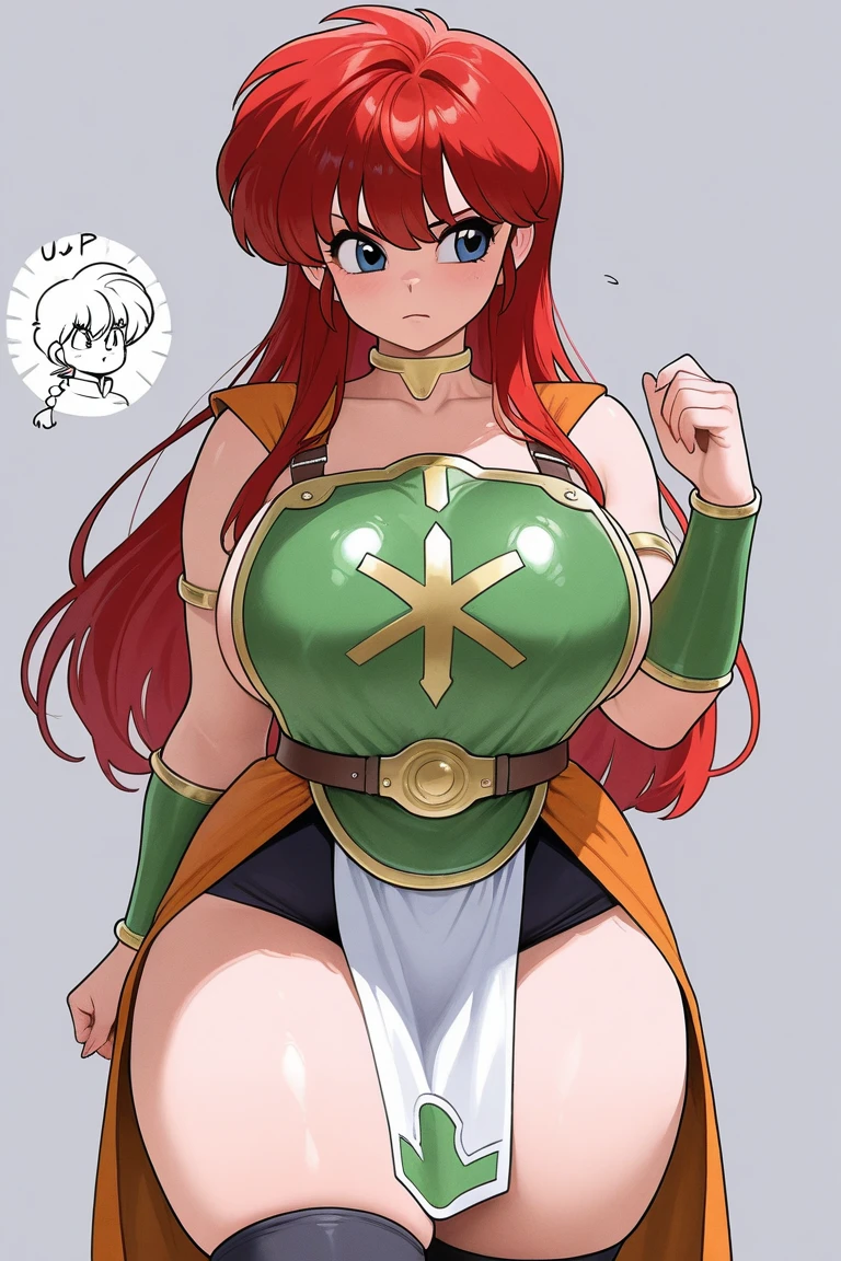 best quality, high resolution, large breasts, red hair, blush, smile, cowboy shot, looking at viewer, Urbosa, blue lip, Green eyes, (((gigantic breasts)))