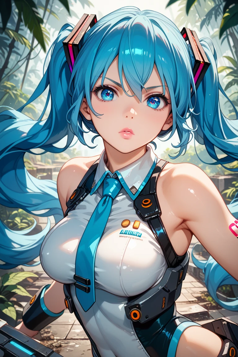 a female anime character wears a long blue hair and green eyes with violet tinges, 1girl, solo, breasts, long hair, blue hair, necklace, jewelry, purple eyes, hair between eyes, cleavage, looking at viewer, collarbone, ponytail, anime style 4 k, Star Ocean, hatsune miku, Miku, aqua from konosuba
