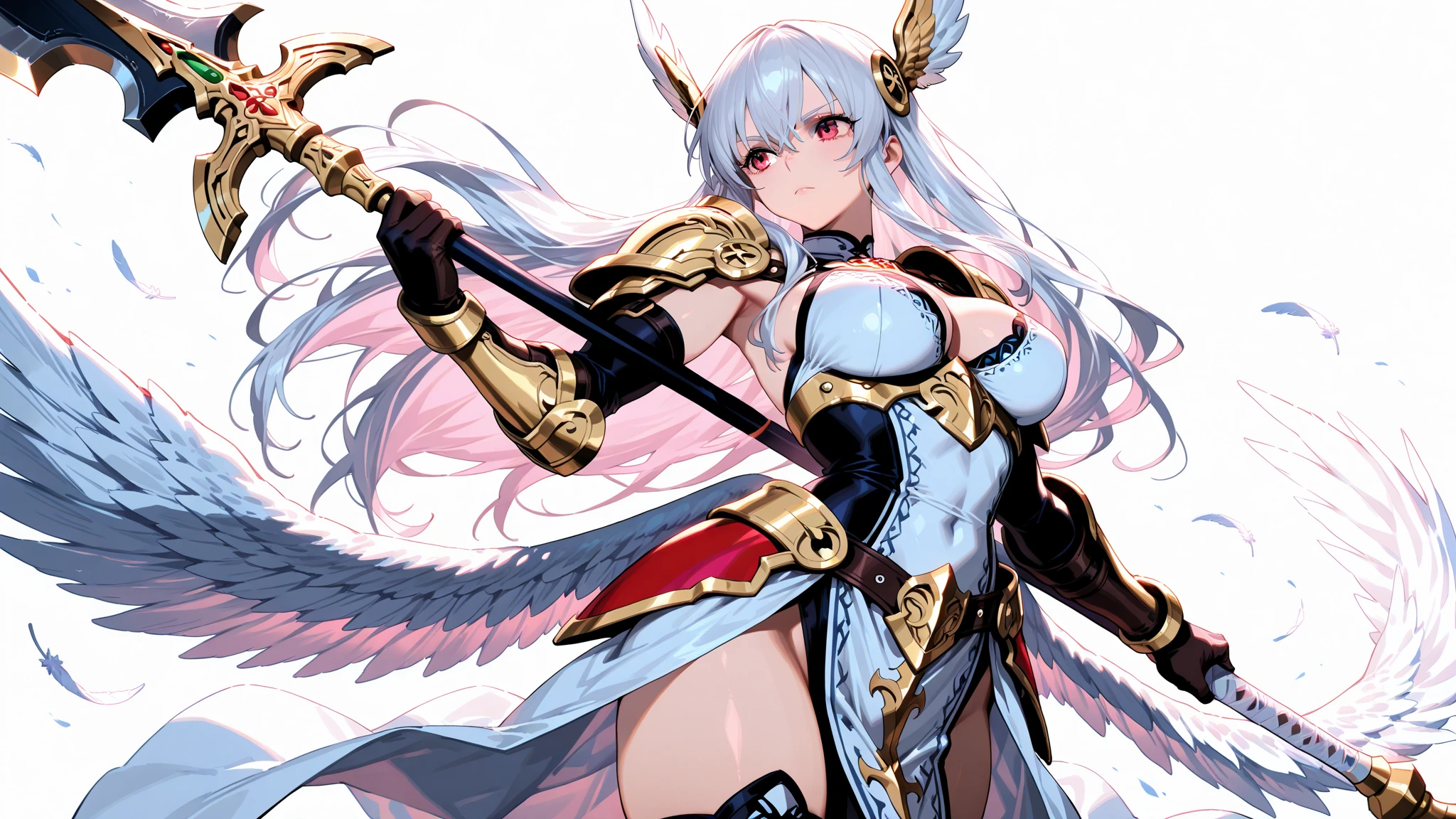 <lora:defaultz_style_v2:1> defaultz style,, ultra detailed, masterpiece, best quality, aesthetic, detailed,, serious, 1girl, (white eyes:1.1), (grey eyes:1.3), white hair, very long hair, parted hair, parted bangs, <lora:parted_hair_v1.3:1.3>, medium breasts,, valkyrie, (bodysuit:1.1), pink wing hair ornament, grey armored skirt, black bodysuit, armor, gauntlets, pink breastplate, greaves, armored dress, pink hues,