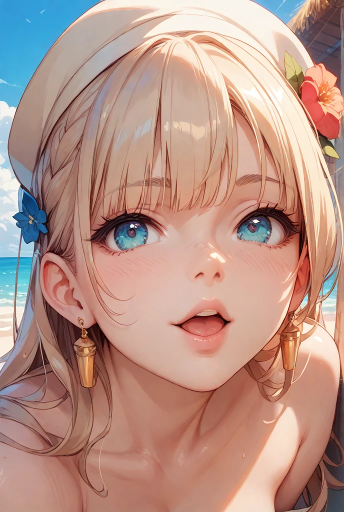 Highest quality、super high quality、16K, Delicious big breasts、Upper Body、The face is smiling and has tongue out, The outfit is a bikini、The location is the beach、 Palm tree、cloud、The pose is with tongue out、 Hair color is random、Hair length is short、Angle from below、Close-up shot of the subject、Small face、Very delicate facial expressions、Delicate eye depiction、Highly detailed hair、Erotic、18-year-old female、Glowing Skin、Soft Skin、