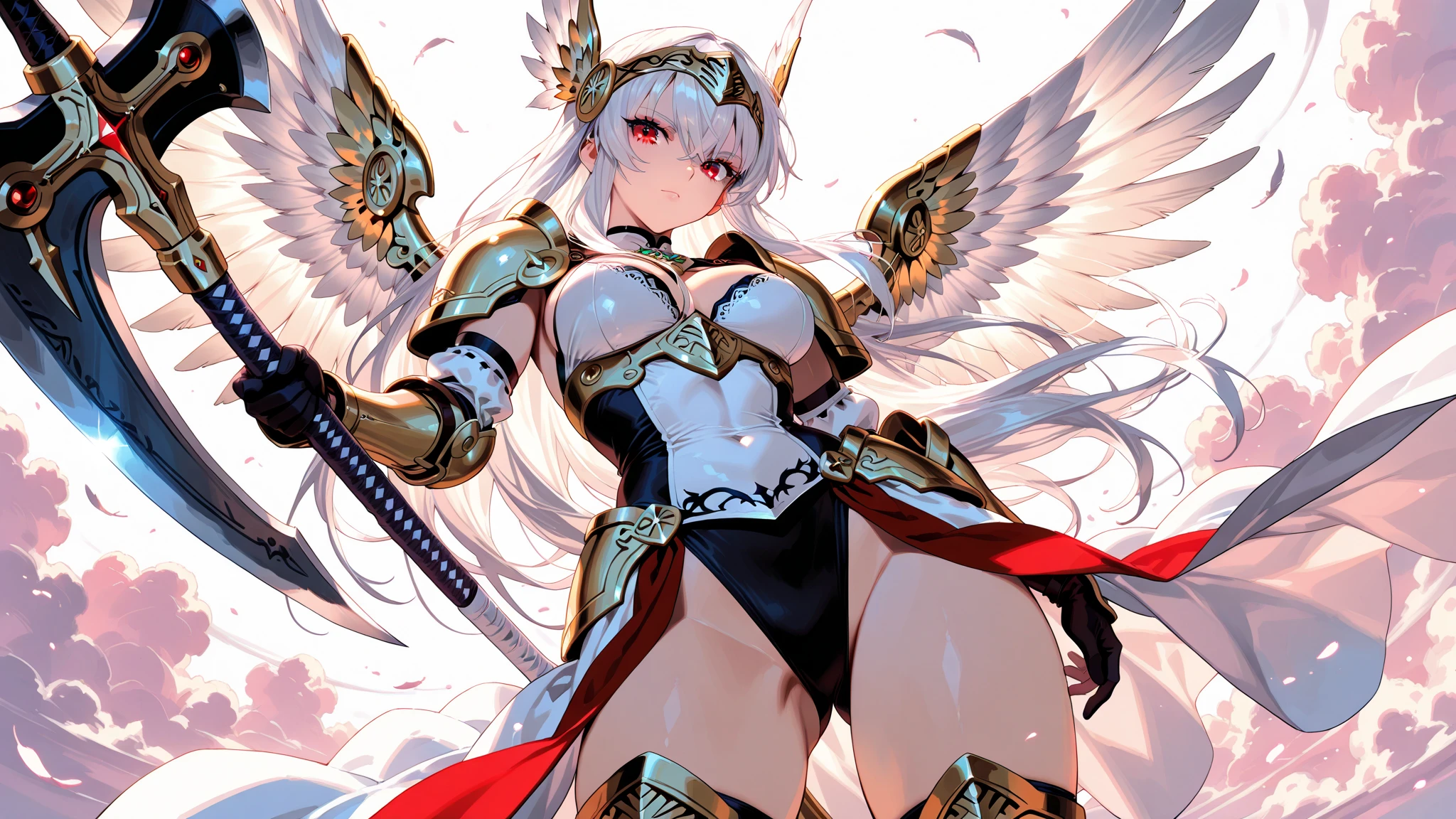 "Anime Game Style Masterpiece: A Legendary Character named Seraphina Starwing, renowned for her fearlessness. Sporting long, verdant hair cascading down her back, she possesses striking red eyes, with no luminescence, adding an air of mystery. Two tiny, intricate wings gracefully adorn her head, a symbol of her unique lineage. Completely armored in pristine white cataphract-style armor, every inch of her full feminine body is meticulously covered, exuding strength and elegance. A vibrant red cape billows behind her, catching the wind as she charges forward, spear in hand. Adorned with natural lipstick