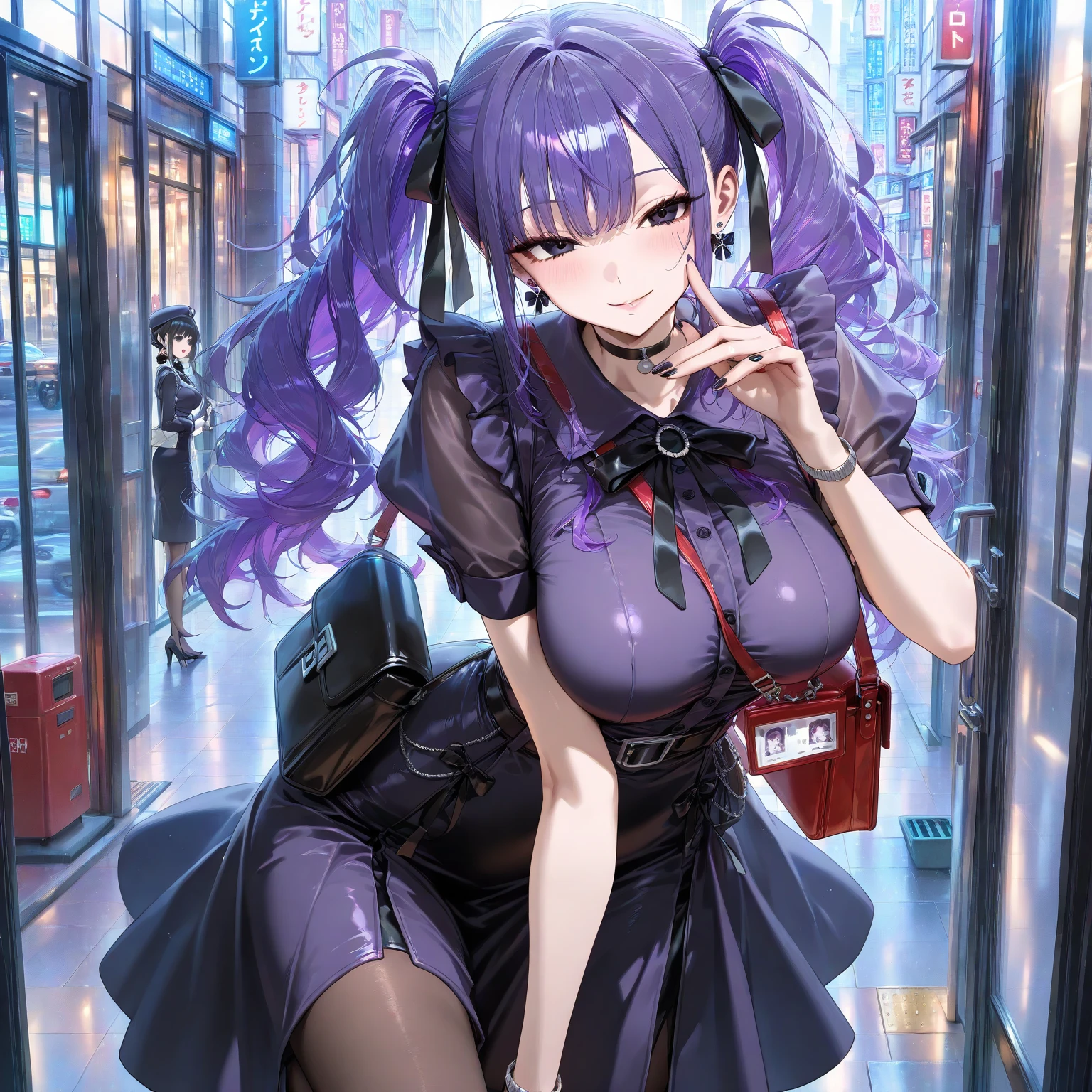 (masterpiece:1.2, top-quality), (realistic, photorealistic:1.4), beautiful illustration, (natural side lighting, movie lighting), nsfw,
looking at viewer, (face focus, upper body), 1 girl, high school girl, (perfect anatomy, anatomically correct, super detailed skin), cute and symmetrical face, perfect face, perfect eyes,
(long hair:1.4, hime style, hime cut, purple hair), blunt bangs, purple eyes, big eyes, long eye lasher, (medium breasts, seductive thighs), slender, babyface, shiny skin,
beautiful detailed hair, beautiful detailed face, beautiful detailed eyes, beautiful clavicle, beautiful body, beautiful chest, beautiful thigh, beautiful legs, beautiful fingers,
(sleeveless white blouse, rose brown tight skirt, white neck ribbon, white high heels with straps),
(beautiful scenery), evening, (shopping mall:1.5), standing, leaning forward, (grabbing hair), (hair twirling), (dark persona, envy, scared, upper eyes),