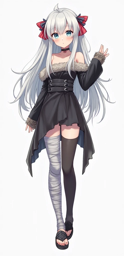 2bxiv,  1girl, solo, thighhighs, cosplay, dress, horns, thigh boots, boots, white hair, long hair, cleavage cutout, clothing cutout, puffy sleeves, thighhighs under boots, blunt bangs, feather-trimmed sleeves, juliet sleeves, white footwear,