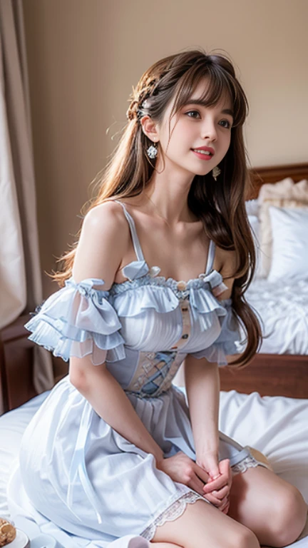 Miss Lori,High heels stockings,Coiled hair wears butterfly hair accessories,Sweet and coquettish,Sexy and charming,Attention to detail,Extreme HD,Soft light and shadow,romantic atmoshere,Resplendent and warm bedroom photo,Charming gesture,Petal embellishment,Gentle smile,Natural wind,Exquisite interior,Warm colors。