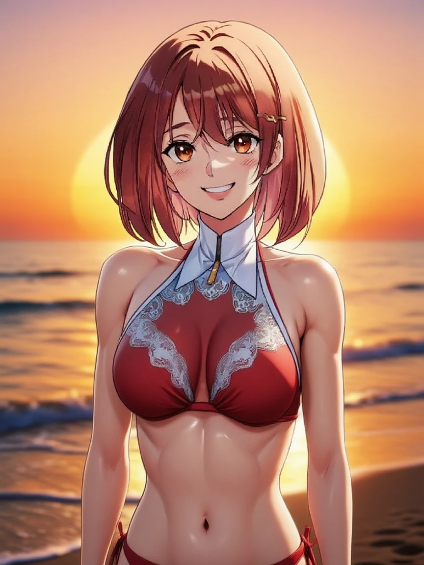 (best quality,4k,8k,highres,masterpiece:1.2), solo,ultra-detailed, sunset , showing her pussy, bottomless,NSFW,arms behind back, takami chika, slightly smile, Blushing, thighs, cowboy shot, hair ornament, sea in background,wet,kunoichi dress, short hair, sexy smile