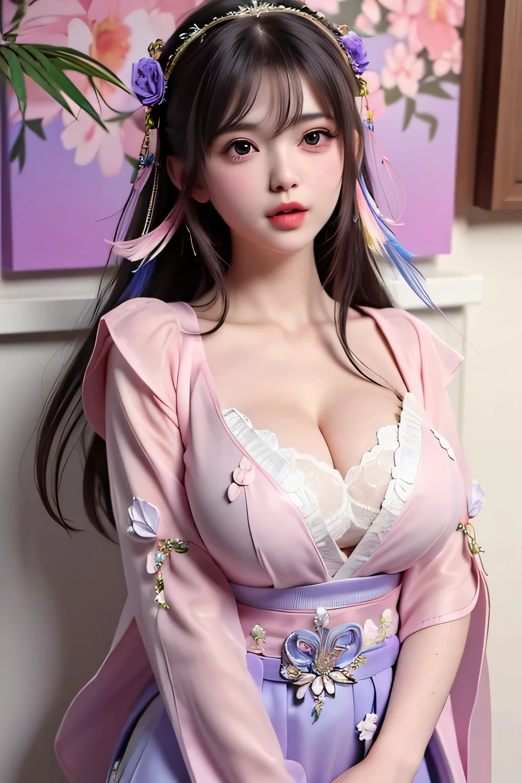 Masterpiece, Best quality, Waterfront, banquet, 1 woman, Mature woman, elegant, Chinese style, Ancient China, sister, Royal Sister, cheerfulness, Meatball heads, Light brown hair, Pink eyes, Gorgeous headdress, Light pink lips, Pink clothes, Yarn-like clothing, Intellectual, Full bangs, Flat bangs, Flower bulbs, Face delicate,updo,huge tit,gigantic cleavage breasts