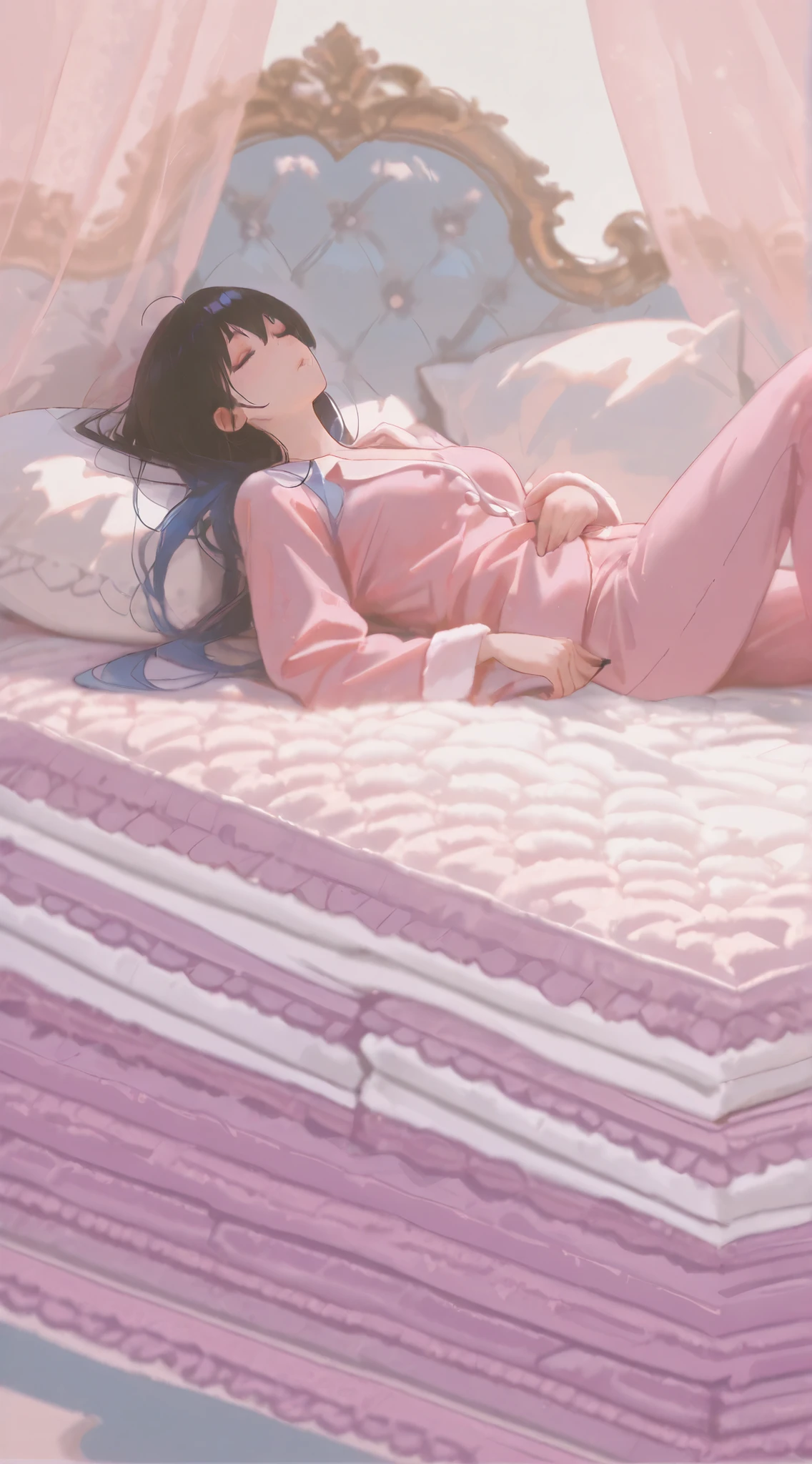 [海艺AI参数]
-p "masterpiece,ultra HD,anime illustration,
(raven-haired beauty:1.7) in matte powder blue silk pajamas, 
sleeping atop exactly 20 minimalist mattresses, 
extreme bird's-eye view emphasizing mattress stack height, 
soft pastel gradient: baby pink top → lilac middle → powder blue base, 
visible watercolor brushstrokes with pencil sketch underlay, 
pure white void background, 
by Ilya Kuvshinov and wlop style" 

--ratio 3:4 
--steps 60 
--cfg_scale 8 
--seed 9527 
--quality 2 
--version 3.1 
--style pure_illustration
