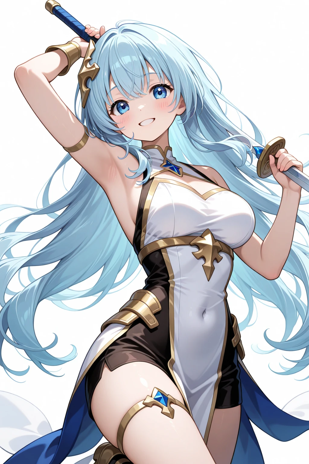 masterpiece, best quality, perun, ponytail, perunoutfit, thigh boots, sitting, from side, looking up, from above, confused, looking at viewer, snow, large breasts <lora:perun-nvwls-v1-000011:0.9>