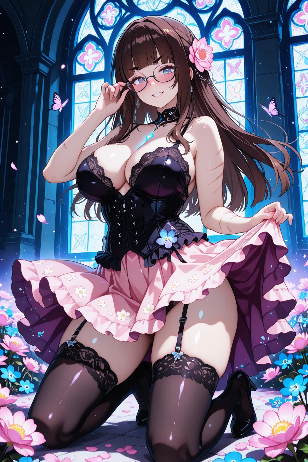 1girl, breasts, solo, gloves, underwear, corset, cleavage, large_breasts, thighhighs, blue_eyes, window, looking_at_viewer, panties, tongue, collar, lingerie, indoors, long_hair, black_gloves, red_hair, tongue_out, choker, bare_shoulders, black_panties, curtains, smile, spikes, depth_of_field, UHD, retina, masterpiece, textured skin, super detail, award winning, high quality