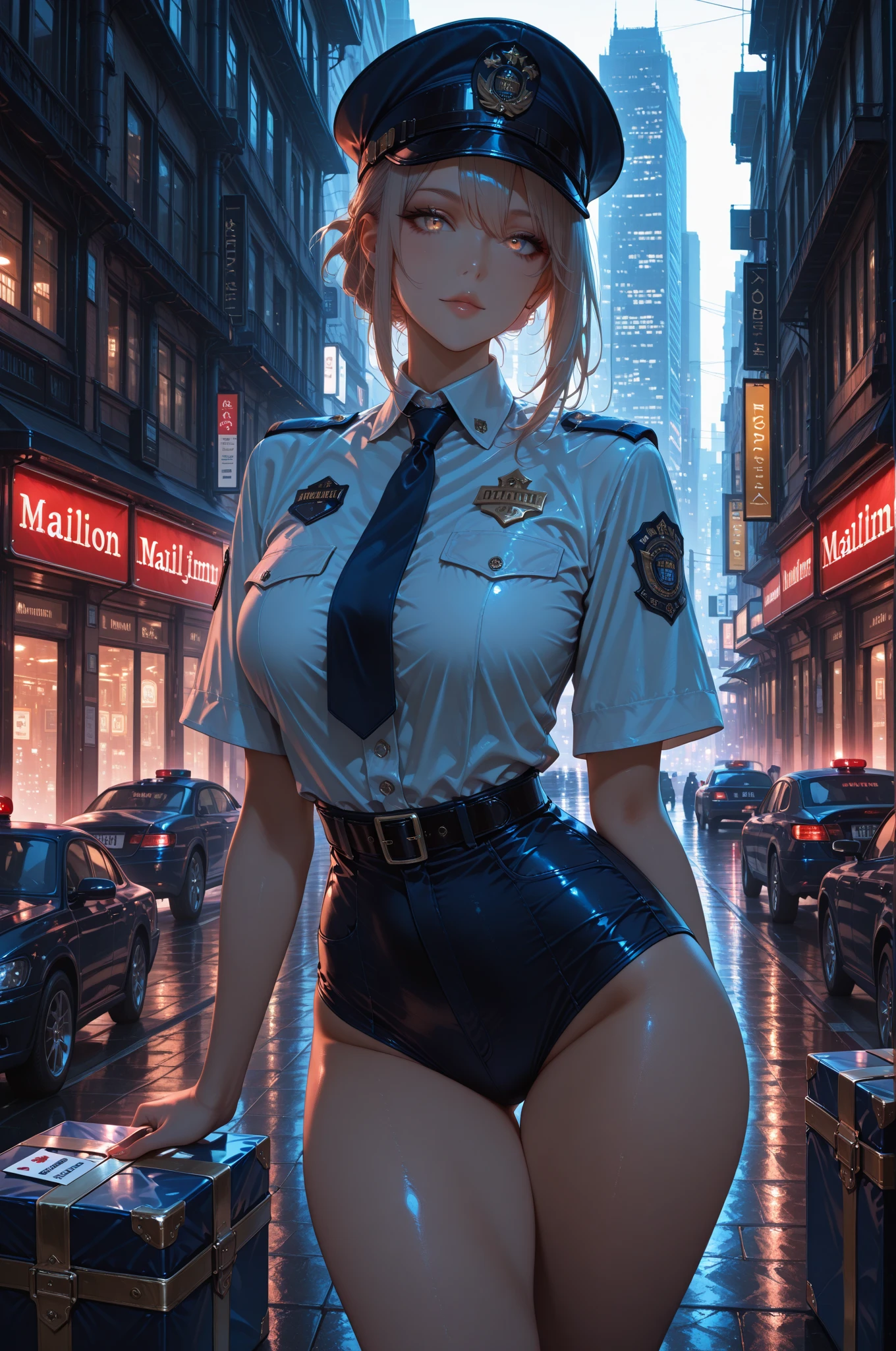 POV: sexy cute beautiful Sydney Sweeney as a sexy cop, ((((huge breasts)))), (slim thick), (skinny), ((ultra-detailed)), (photorealistic), 8k, (curvy accentuated body), ((ponytail hair)), tight suit, at the street, (assault rifle in hand), (patrol car behind), (at night), (tactical boots), (1girl)