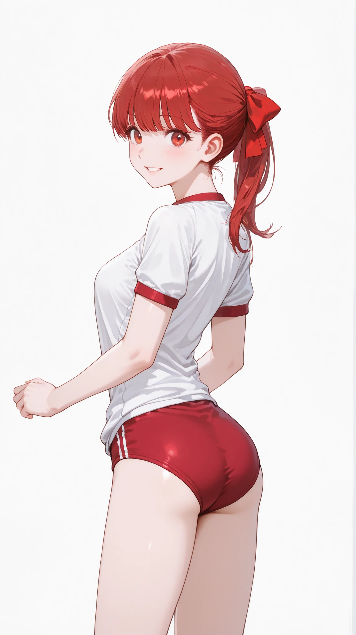 1 girl,(parted lips smile:1.3),Light reflected in the eye:1.5,side boob:1.3,wink one crose eyes,:1.3,ashamed,masterpiece,full shot,looking at the front,beautiful detail red eyes:1.2,Rich Colors,,:1.3,Oblique shot,((White line fit red buruma:1.4)),((red and white gym clothes:1.4)),((:1.4)),smooth texture,(),1girl,POV,medium chest,breasted,red eyes,bangs,red hair, high ponytail,(red hair bow:1.7),top quality, great quality, very aesthetic, very high resolution, Waist,Newest, slender:1.7,((Beautiful woman)),((((low Contrast:1.5))),volumetric lighting:1.6,BREAK,small head:1.3,White background1.4,grabbing red stick:1.7