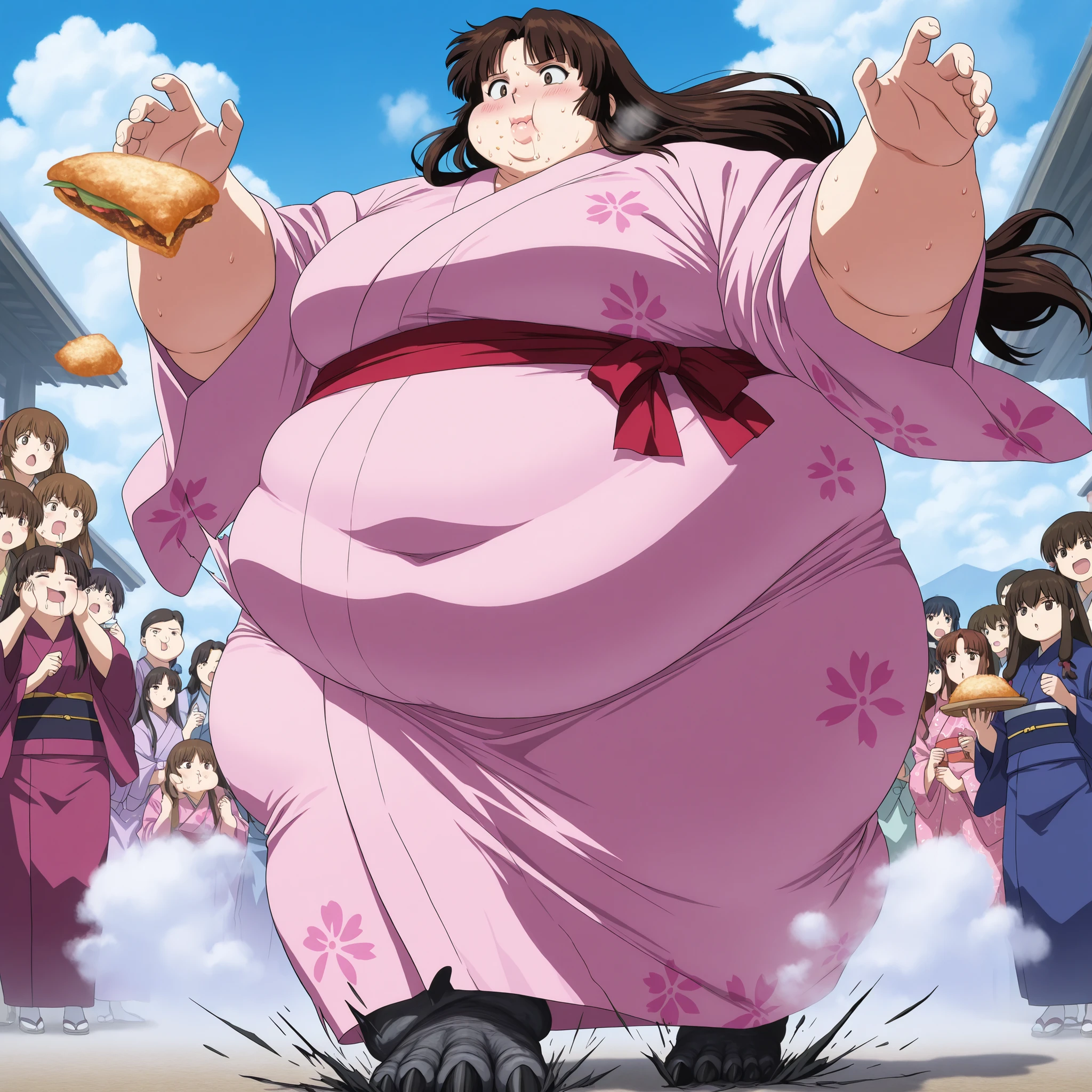 anime screencap, score_9, score_8_up, score_7_up, source_anime BREAK sango, brown hair, parted bangs, low-tied long hair, brown eyes, outside, pink kimono, wearing a kimono, round face chubby cheeks anime style, fat, chubby, obese, ,, small eyes, , , full body shot, , , sweating, bursting belly, wardrobe malfunction, hypnotized, drooling from mouth, looking for food, giant hands, giant feet, fat, chubby, obese, gigantic arms and legs, fat face, chubby face, double chins, big lips, swollen lips, sweating, sweat stains, steam clouds, grease stains, flustered, swollen face, Fat_neck , Fat head , eyes with crushed cheeks , nose with crushed cheeks , mouth with crushed cheeks , chin roll, multiple people, a group of people, multiple girls